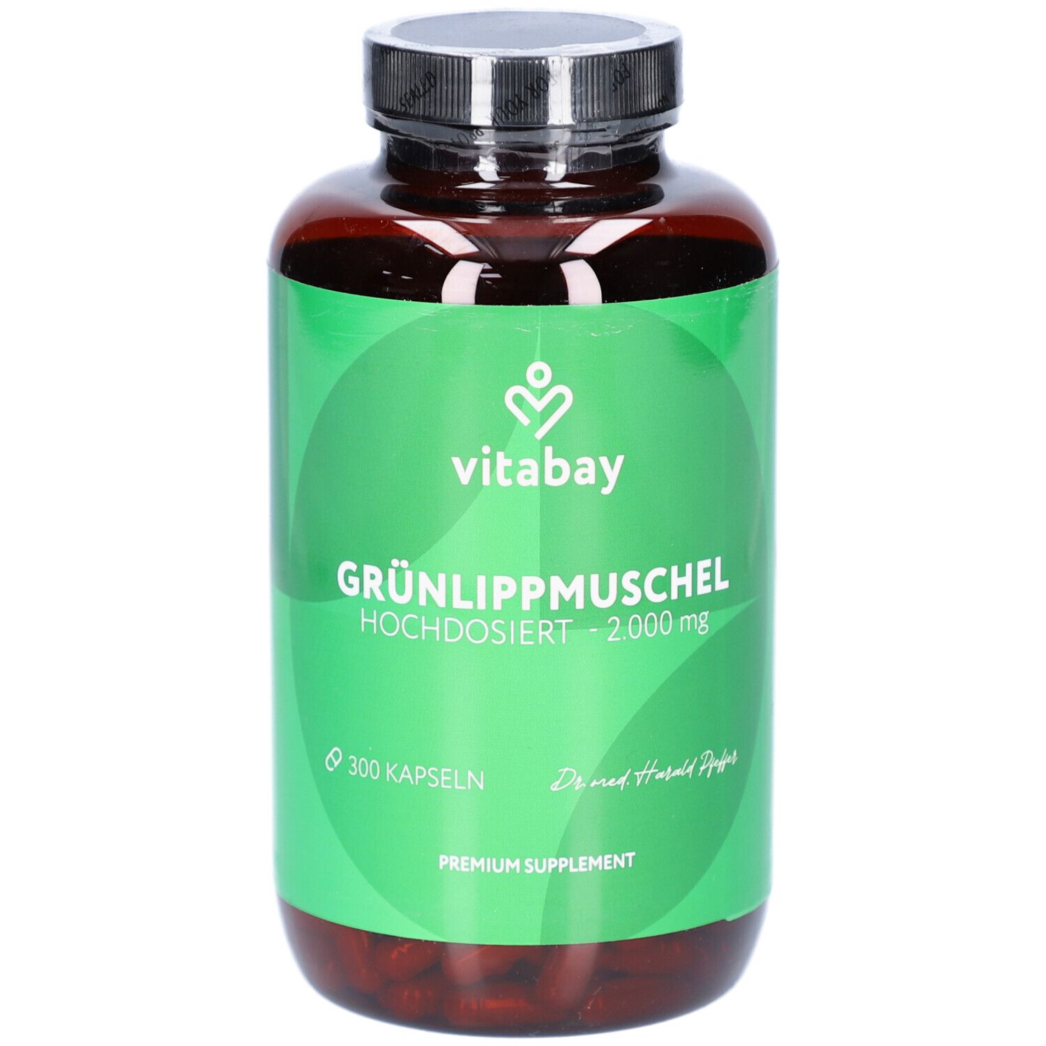Braune Flasche mit grüner Etikett. Aufschrift: GRÜNLIPPMUSCHEL 2.000 mg. 300 Kapseln. Marke: Vitabay.