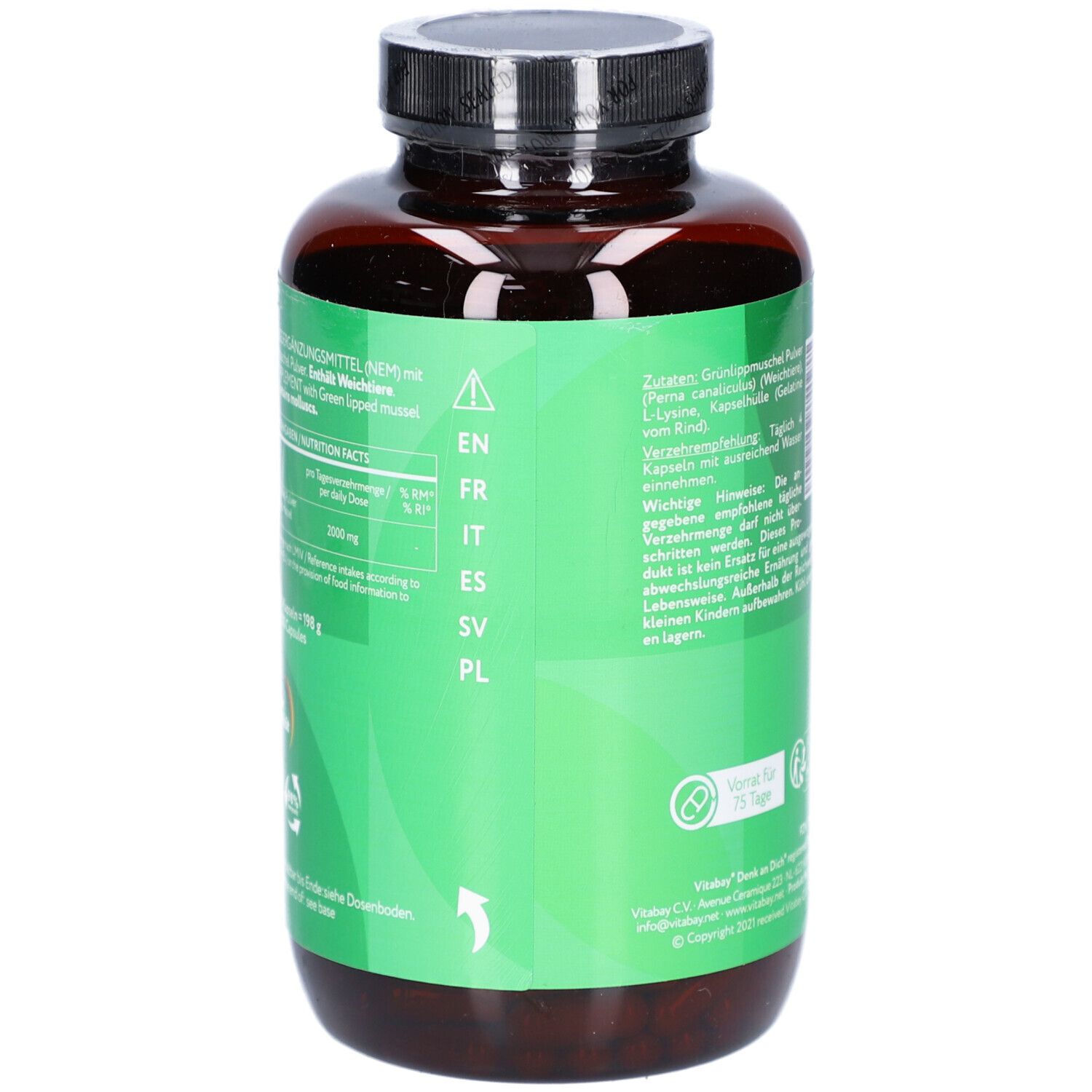 Rückseite der Flasche. Grüne Etikett mit Nährwertangaben. Mehrsprachige Informationen. Marke: Vitabay.