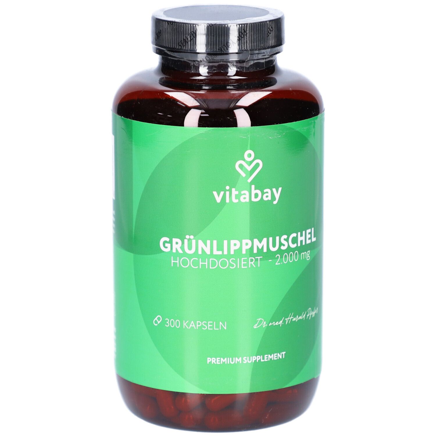 Braune Flasche mit grünem Etikett. Aufschrift: GRÜNLIPPMUSCHEL 2.000 mg. 300 Kapseln. Marke: Vitabay.