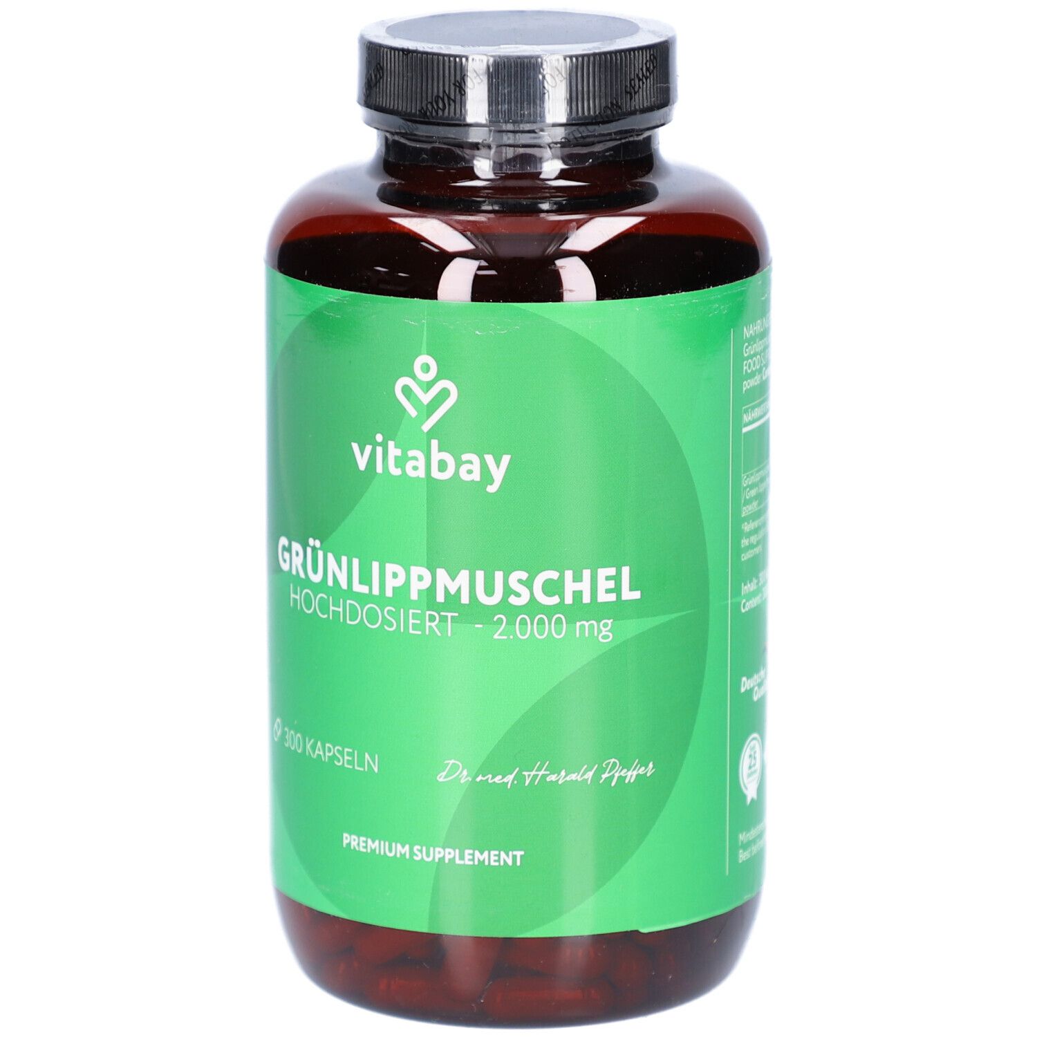 Braune Flasche mit grünem Etikett. Aufschrift: GRÜNLIPPMUSCHEL 2.000 mg. 300 Kapseln. Marke: Vitabay.
