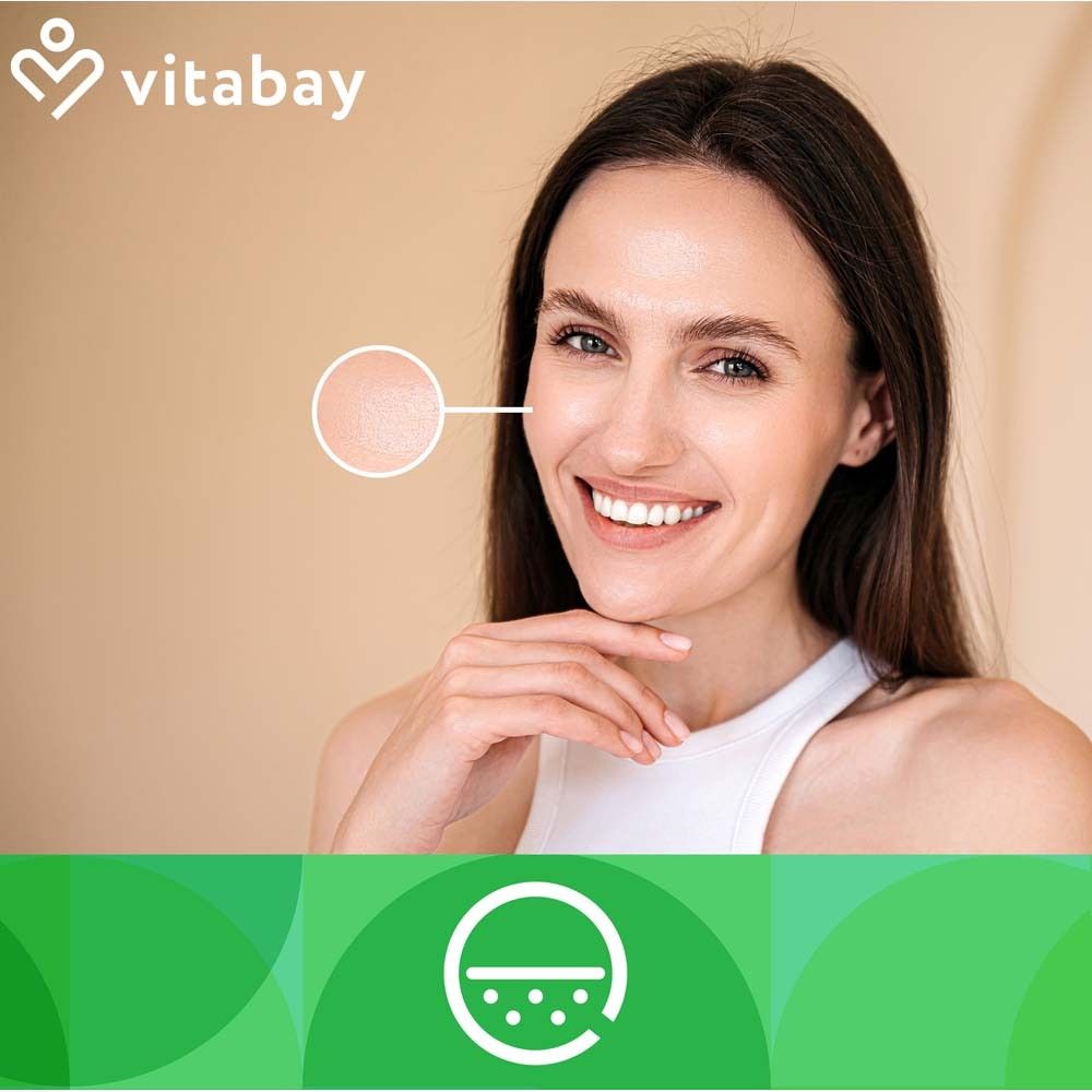 Porträt einer lächelnden Frau. Grünlippmuschel-Symbol. Vitabay-Logo. Hautanalyse-Kreis.