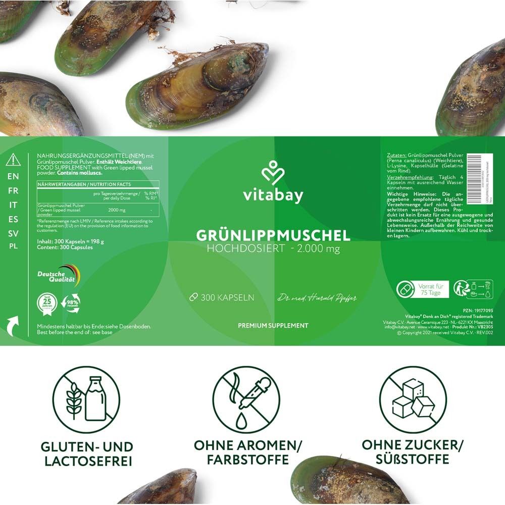 Produktverpackung mit Informationen. Grünlippmuschel-Kapseln. Vitabay-Logo. Gluten- und laktosefrei. Ohne Aromen/Farbstoffe. Ohne Zucker/Süßstoffe.