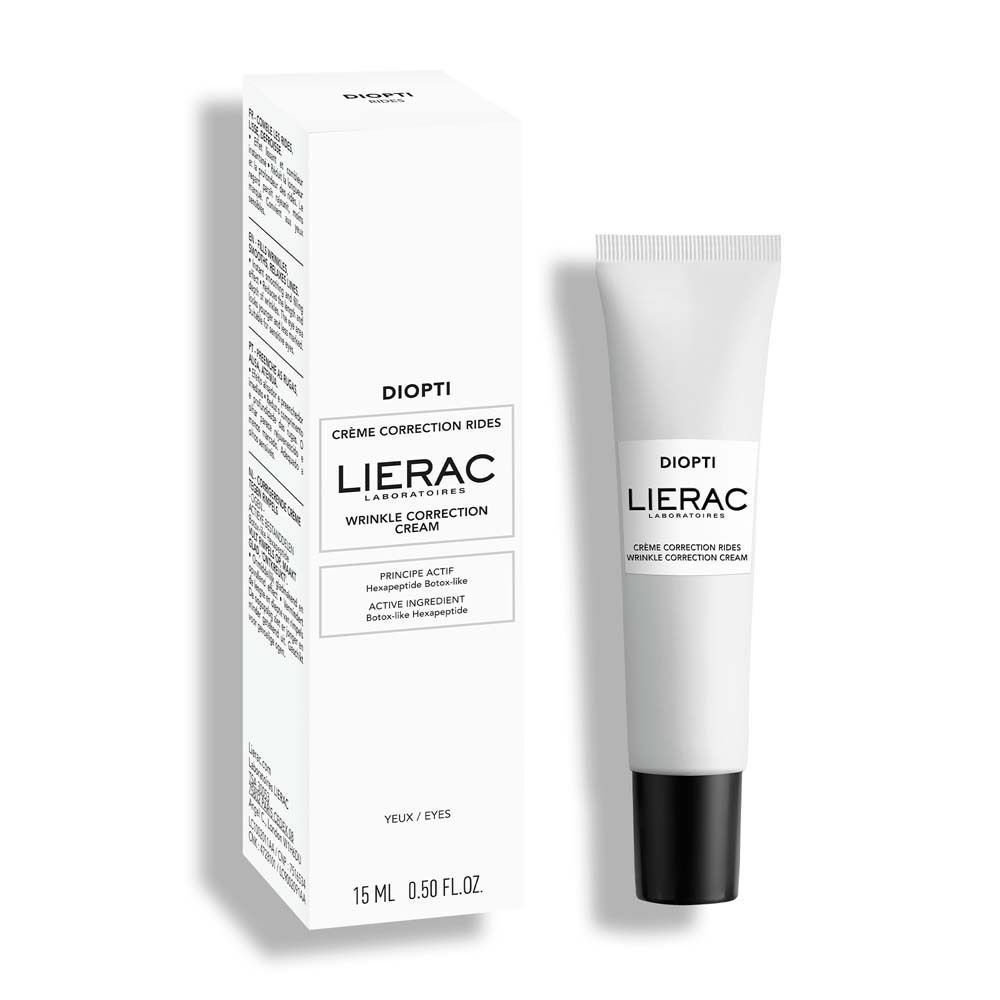 Weiße Verpackung und Tube. Aufschrift DIOPTI, LIERAC, Creme Correction Rides. 15 ml.