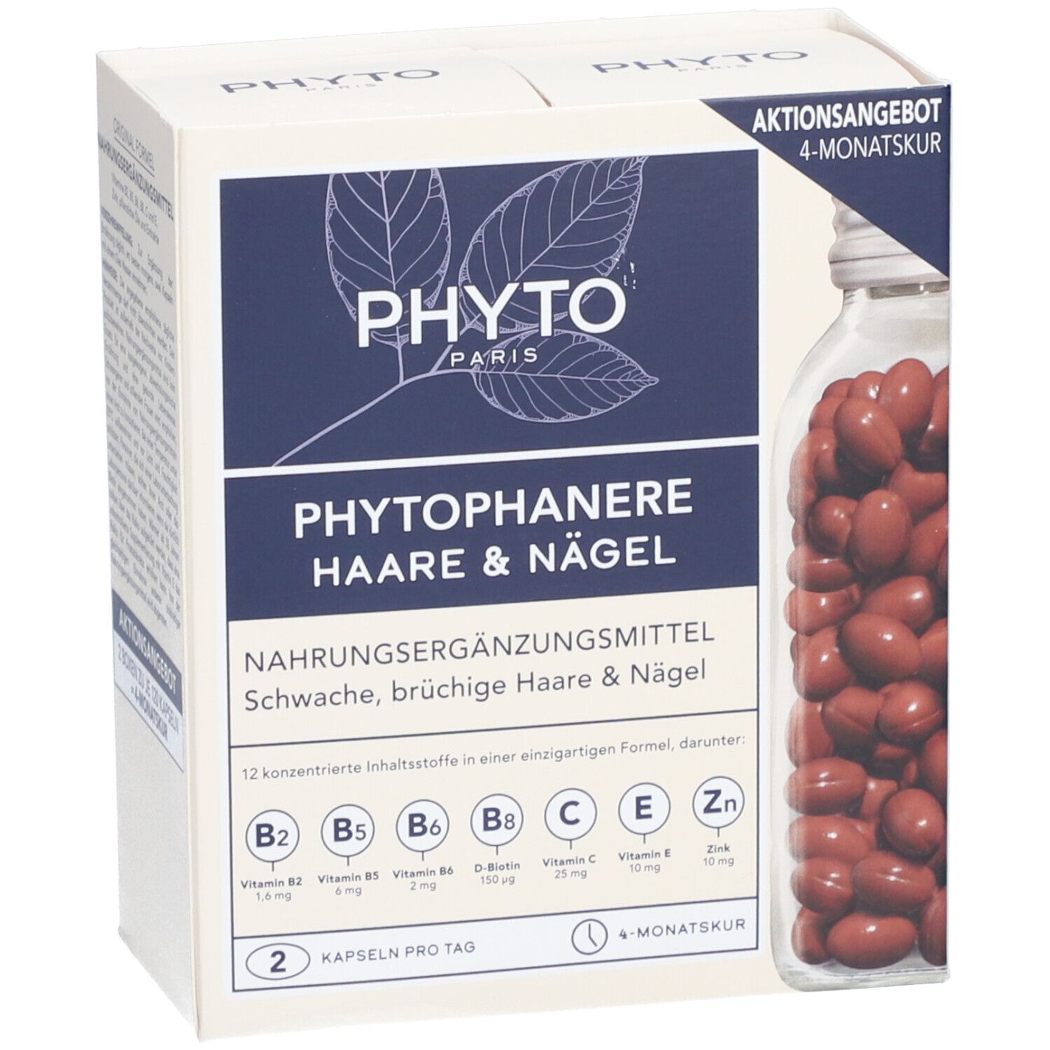 Verpackung mit Kapseln. Aufschrift: PHYTO, Phytophanere Haare & Nägel. Nahrungsergänzungsmittel. 4-Monatskur.