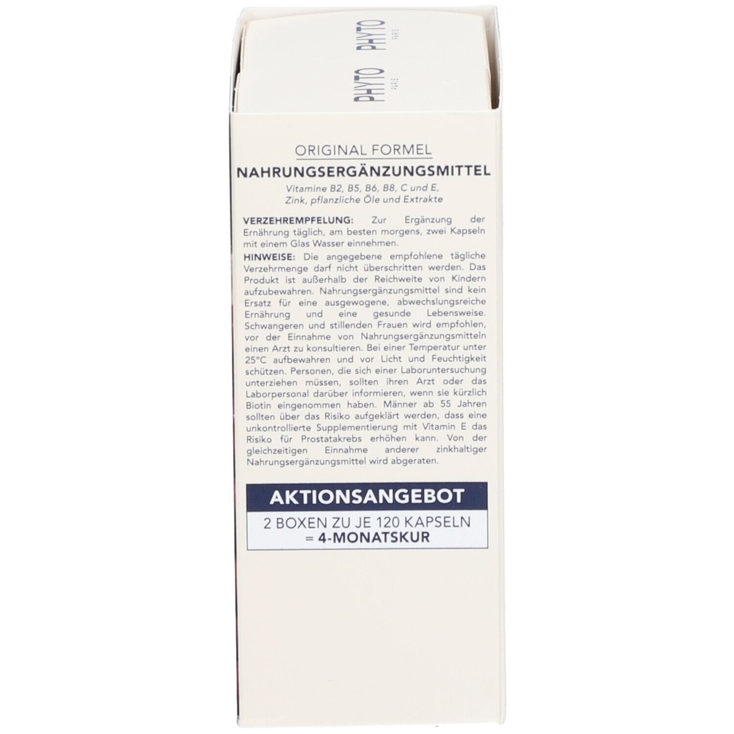 Verpackung mit Text. Aufschrift: Original Formel, Nahrungsergänzungsmittel. 2 Boxen zu 120 Kapseln. 4-Monatskur.