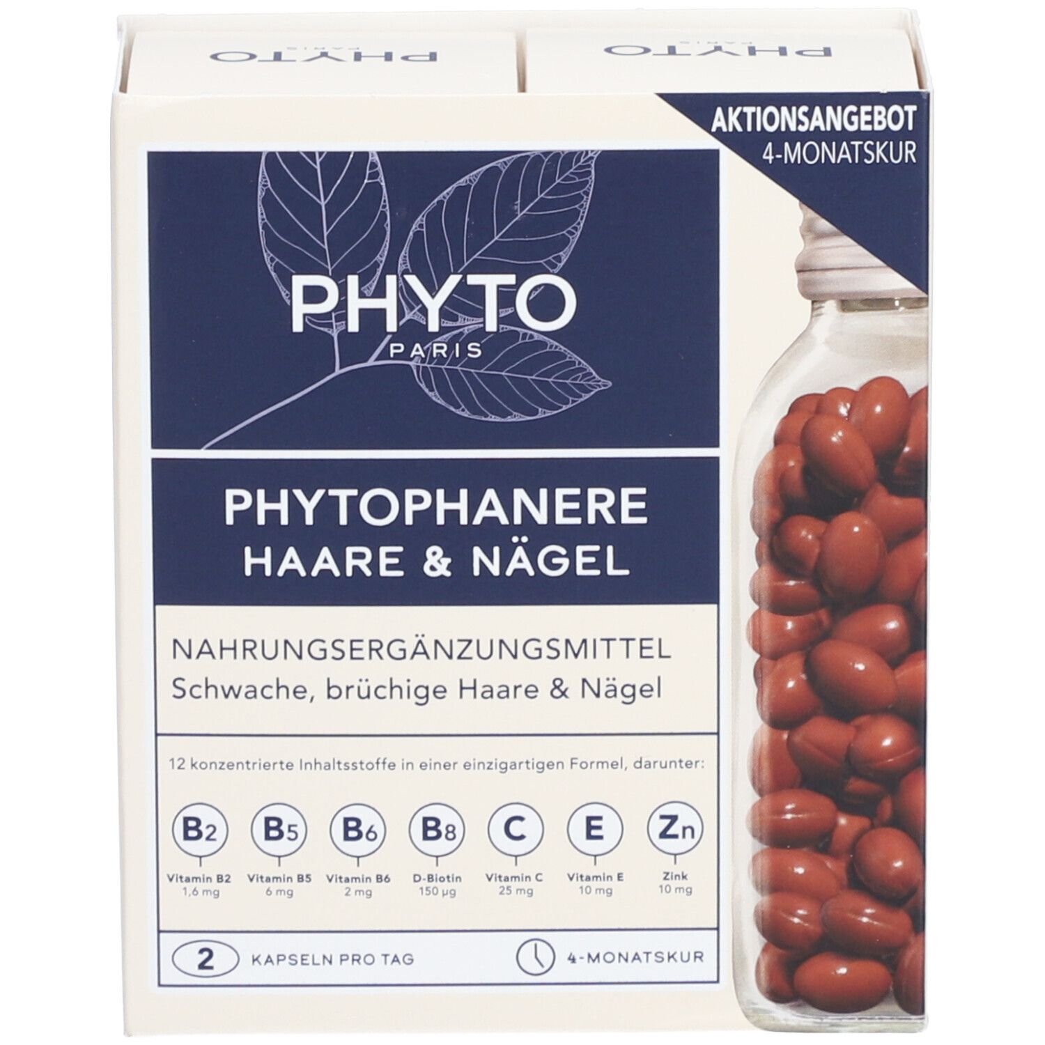 Verpackung mit Kapseln. Aufschrift: PHYTO, Phytophanere Haare & Nägel. Nahrungsergänzungsmittel. 4-Monatskur.