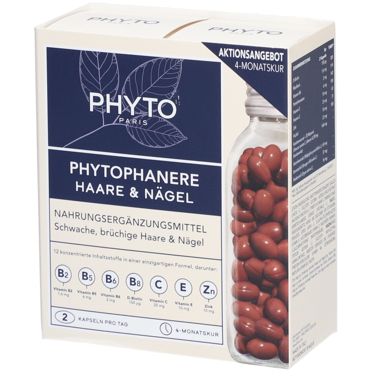 Verpackung mit Kapseln. Aufschrift: PHYTO, Phytophanere Haare & Nägel. Nahrungsergänzungsmittel. 4-Monatskur.