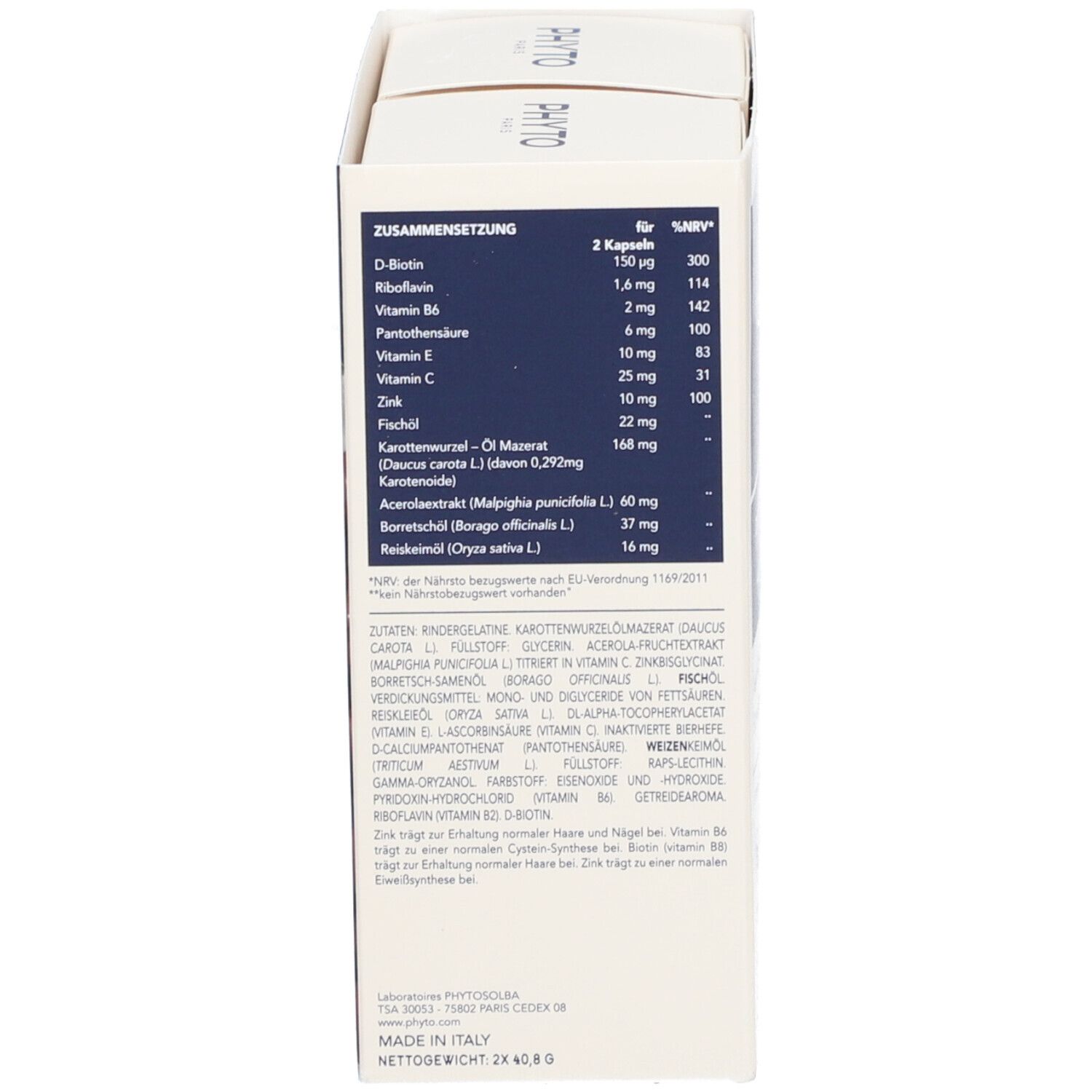 Verpackung mit Text. Aufschrift: Zusammensetzung, Inhaltsstoffe. 2 Kapseln. Made in Italy. Nettogewicht 2x40,8 g.