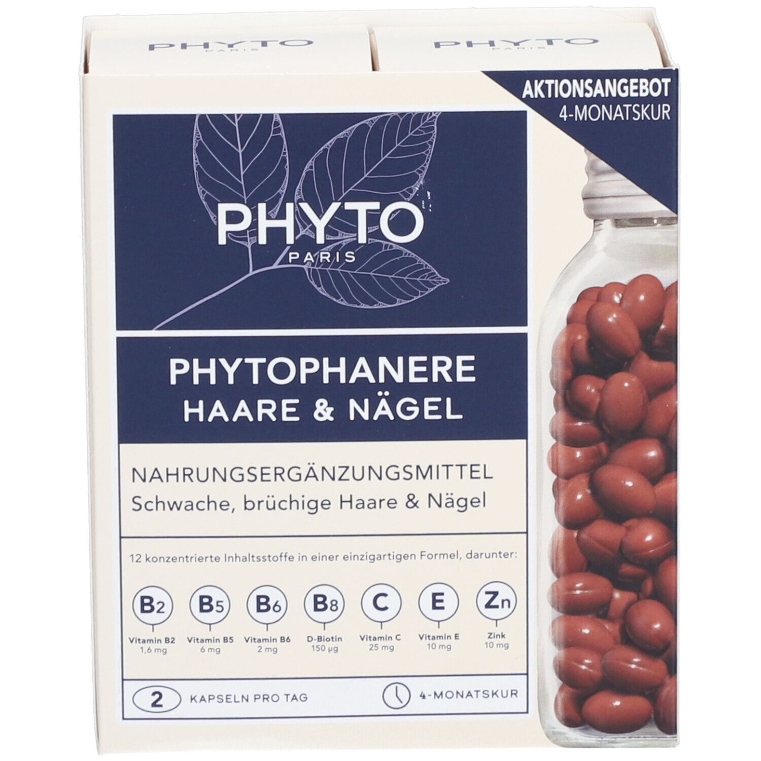 Verpackung mit Kapseln. Aufschrift: PHYTO, Phytophanere Haare & Nägel. Nahrungsergänzungsmittel. 4-Monatskur.