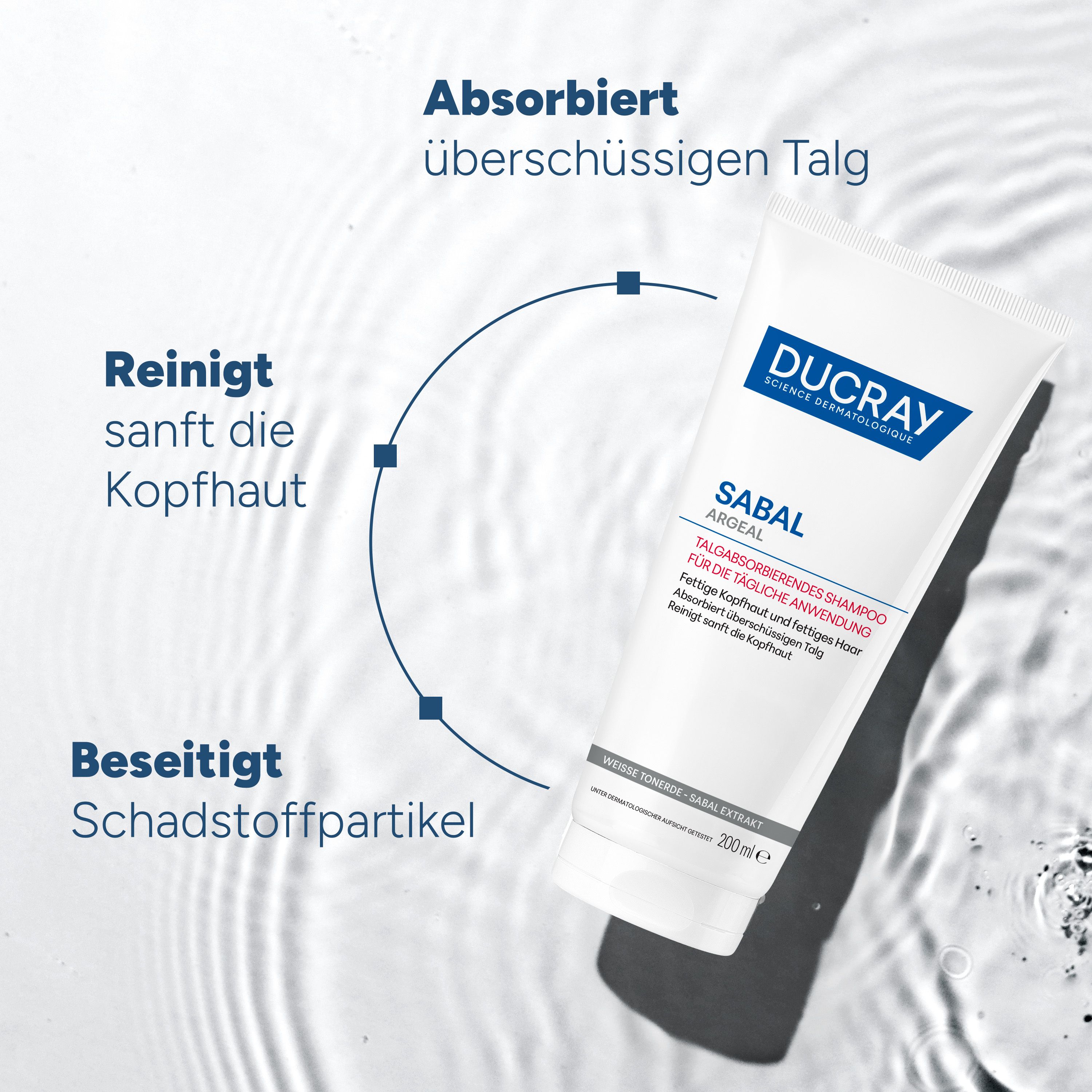 Shampoo-Tube und Wasser. Text: Absorbiert überschüssigen Talg, reinigt sanft die Kopfhaut, beseitigt Schadstoffpartikel. Marke: DUCRAY.