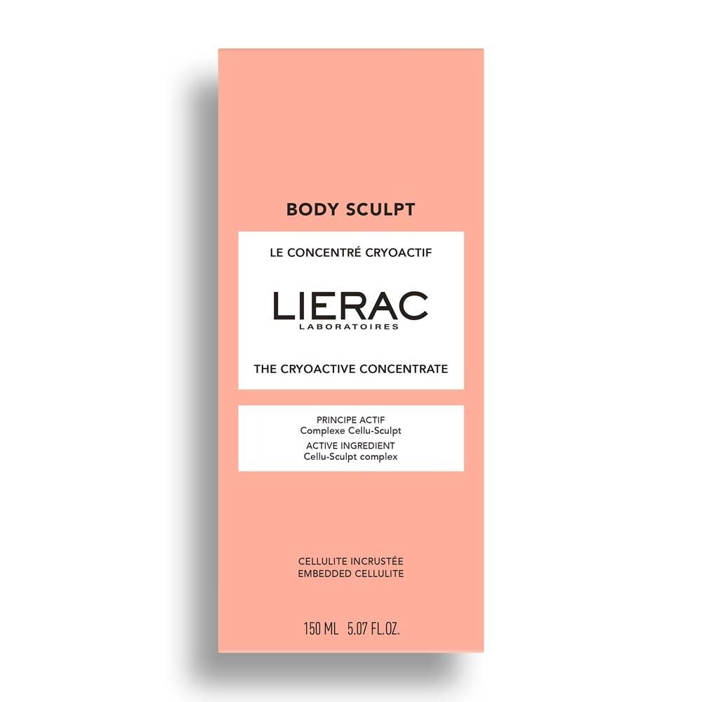 Rosa Verpackung. Aufschrift: Body Sculpt, LIERAC, Le Concentré Cryoactif, The Cryoactive Concentrate, 150 ml.