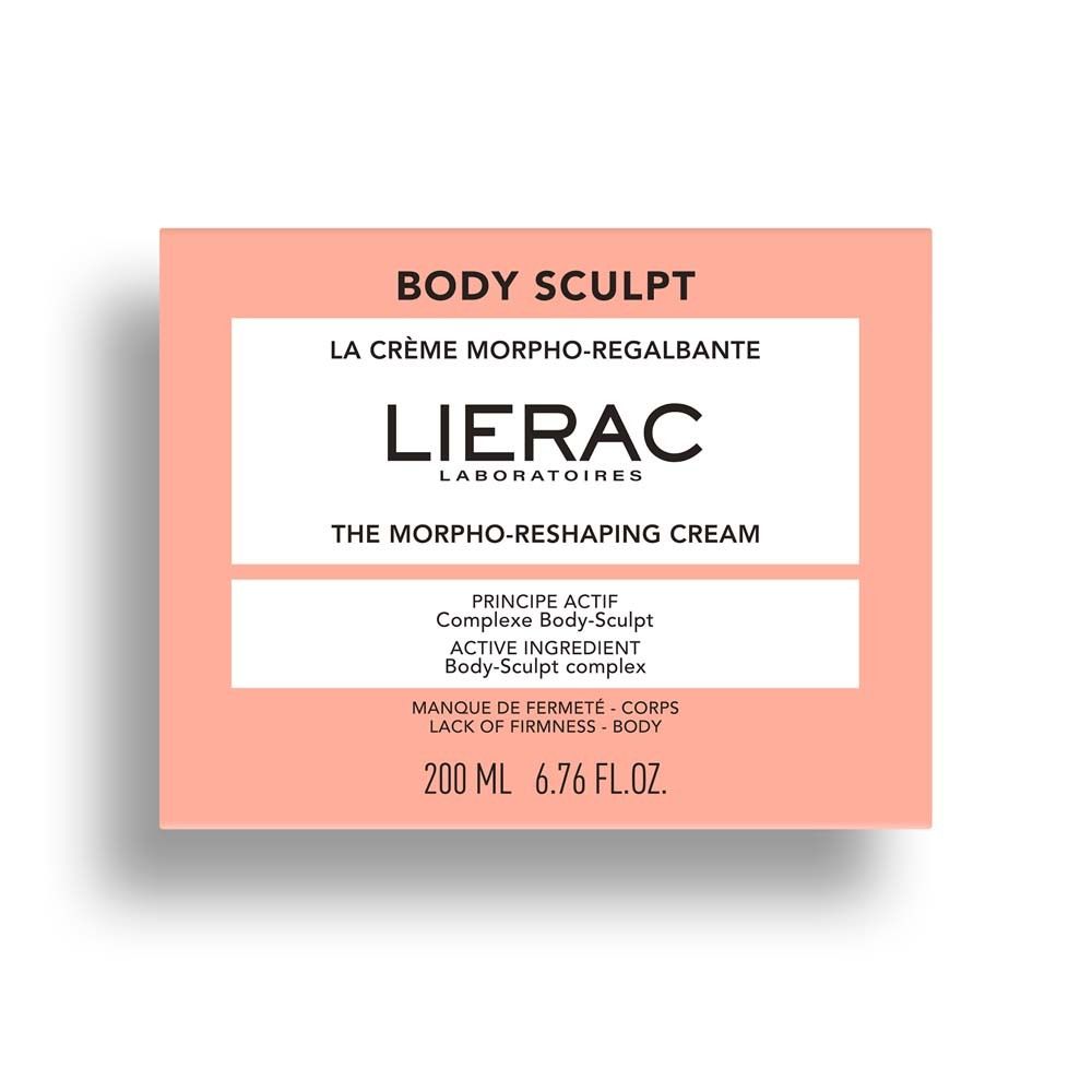 Rosa Verpackung mit weißem Etikett. Aufschrift: BODY SCULPT, LIERAC, LA CRÈME MORPHO-REGALBANTE, THE MORPHO-RESHAPING CREAM.