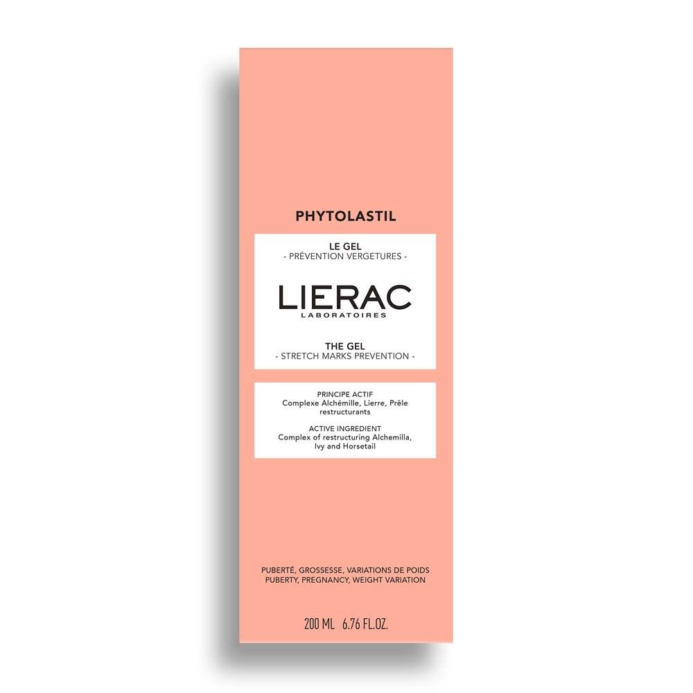 Rosa Verpackung mit weißem Etikett. LIERAC, Phytolastil, Le Gel, Prävention Schwangerschaftsstreifen. 200 ml.