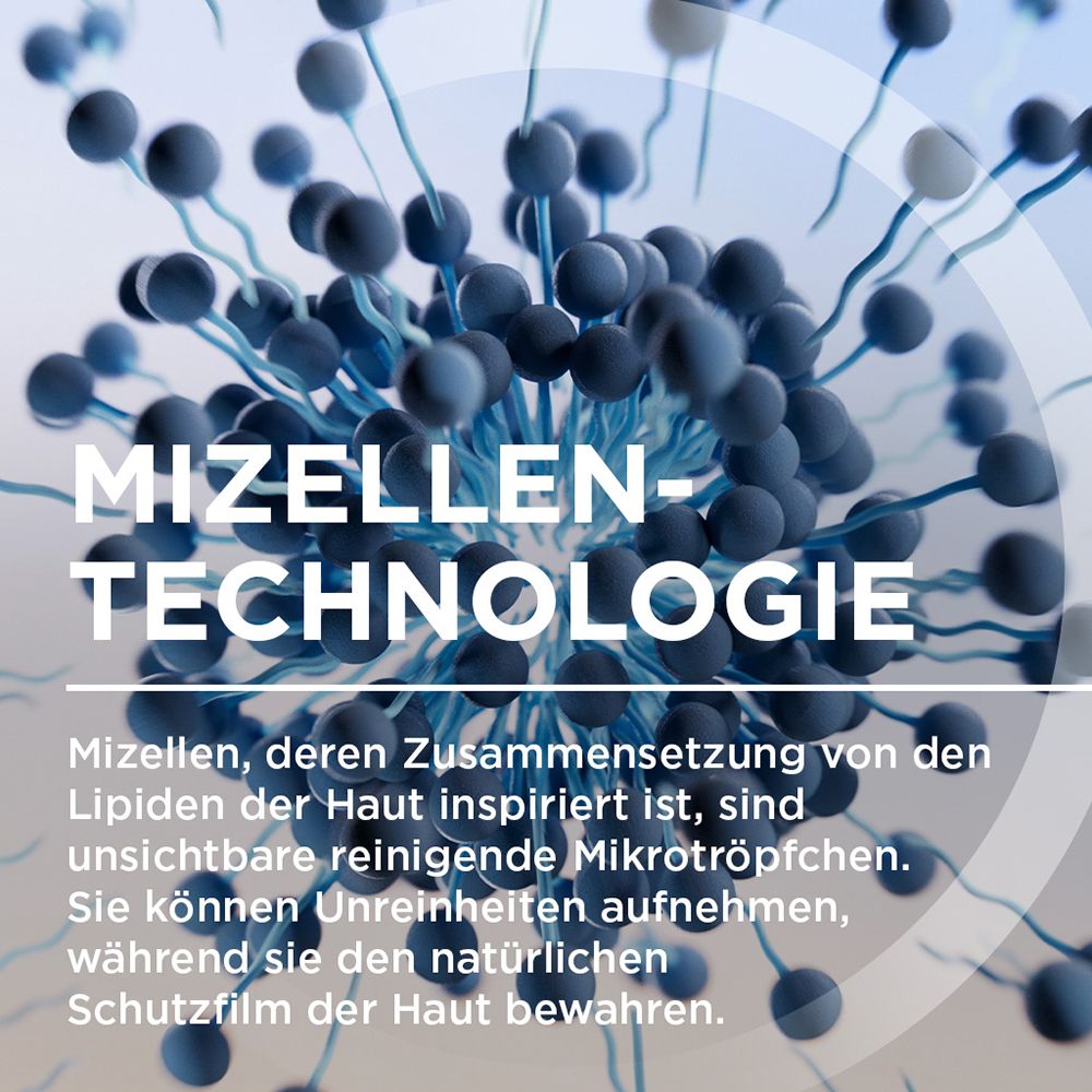 Abbildung von Mizellen-Technologie mit unsichtbaren reinigenden Mikrotröpfchen, die Unreinheiten aufnehmen und den Hautschutzfilm bewahren.