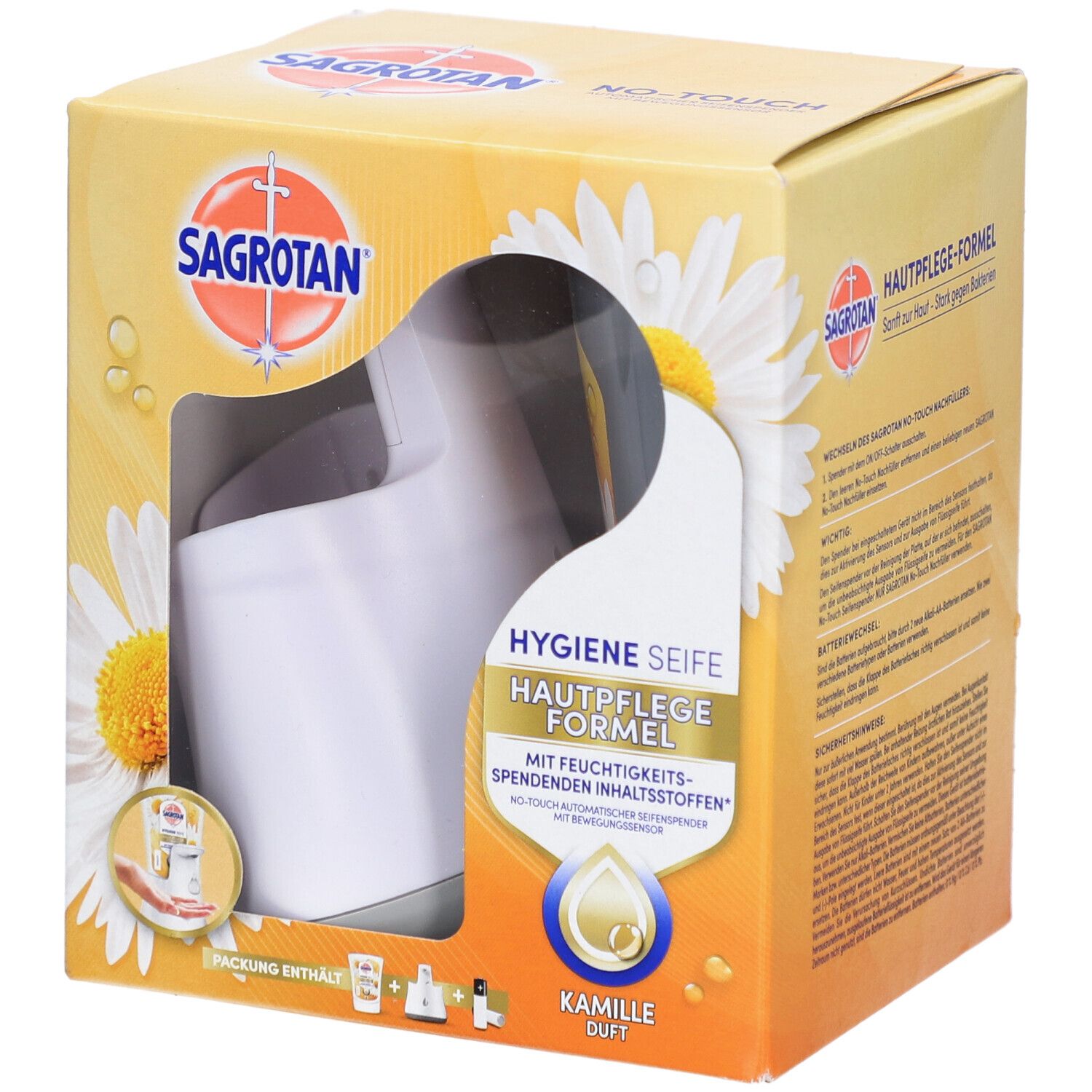 Verpackung des SAGROTAN® No-Touch Starter Sets. Enthält einen Seifenspender und Kamillenduft. Sichtbar: Logo, Produktname, Kamille-Motiv.