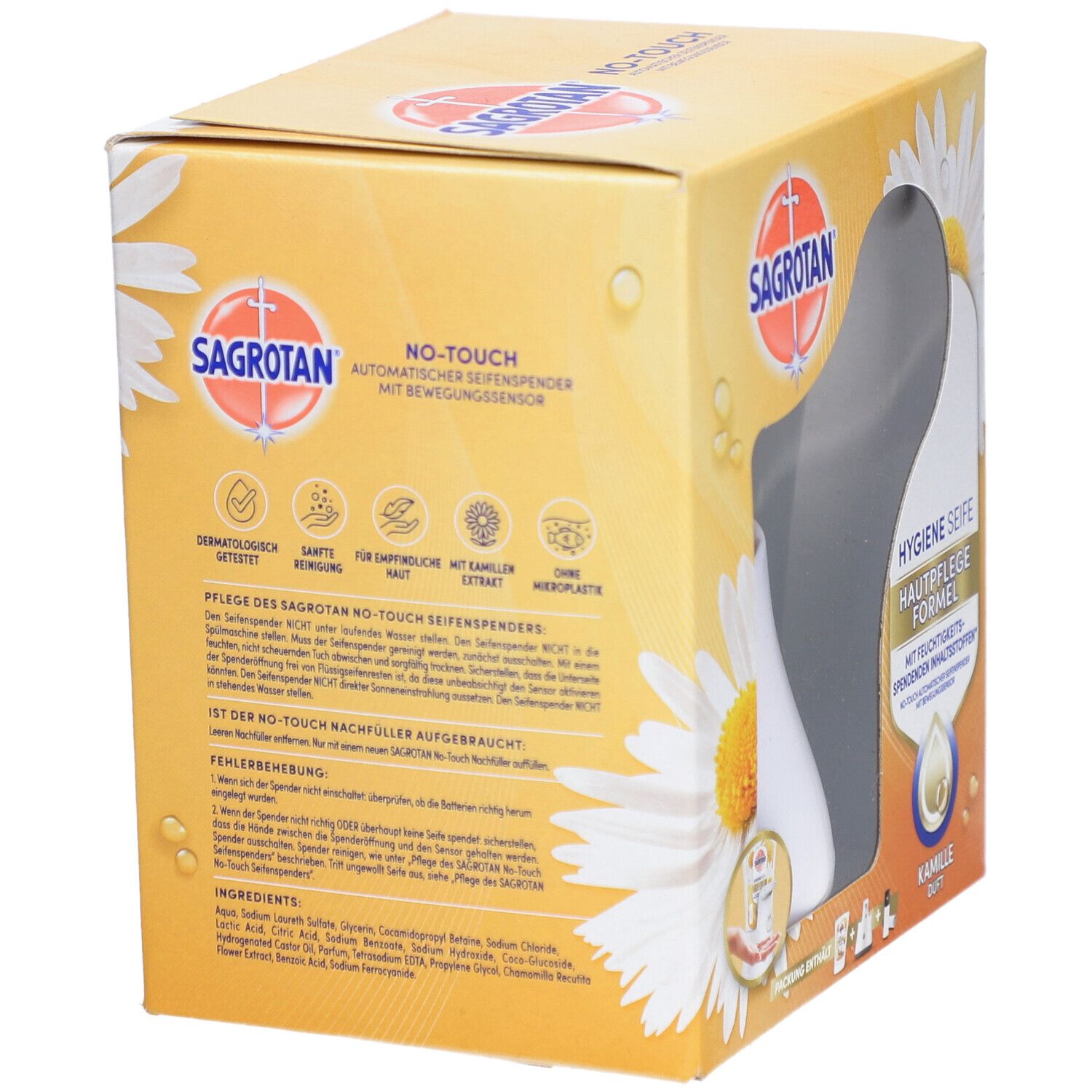 Verpackung des SAGROTAN® No-Touch Starter Sets. Rückseite mit Produktinformationen und Logo. Enthält einen automatischen Seifenspender mit Bewegungssensor.