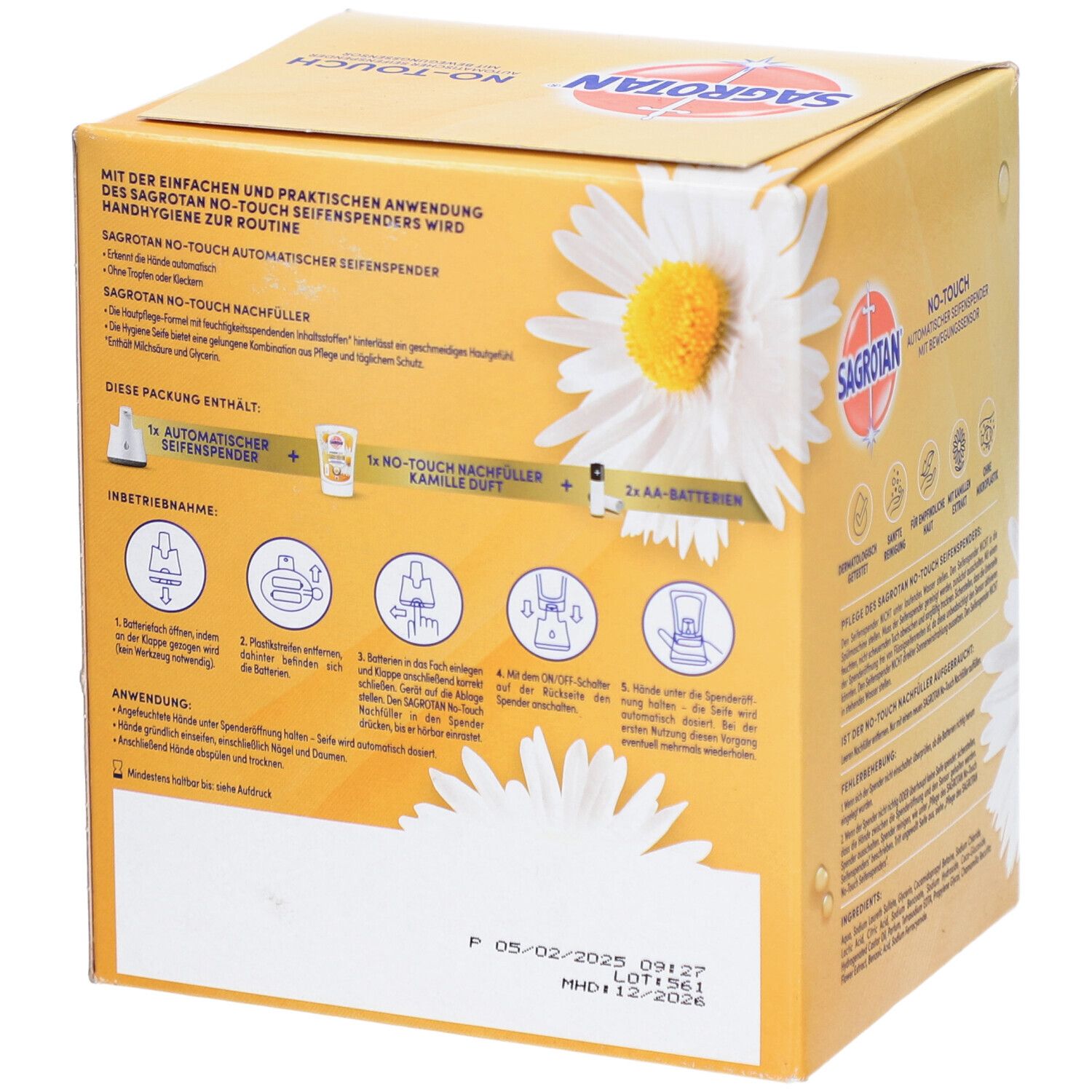 Rückseite der SAGROTAN® No-Touch Starter Set Verpackung. Enthält Anweisungen und Piktogramme zur Anwendung. Mit Kamille-Duft und Batterien.