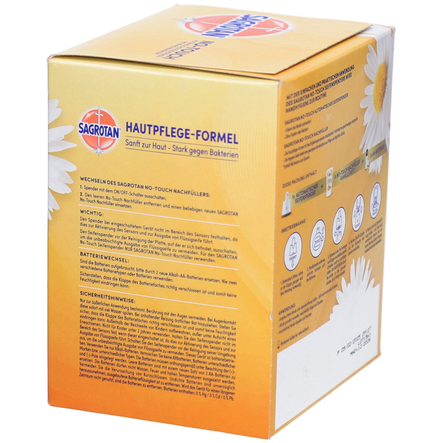 Verpackung des SAGROTAN® No-Touch Starter Sets. Enthält Informationen zur Hautpflege-Formel. Mit Logo und Produktinformationen.