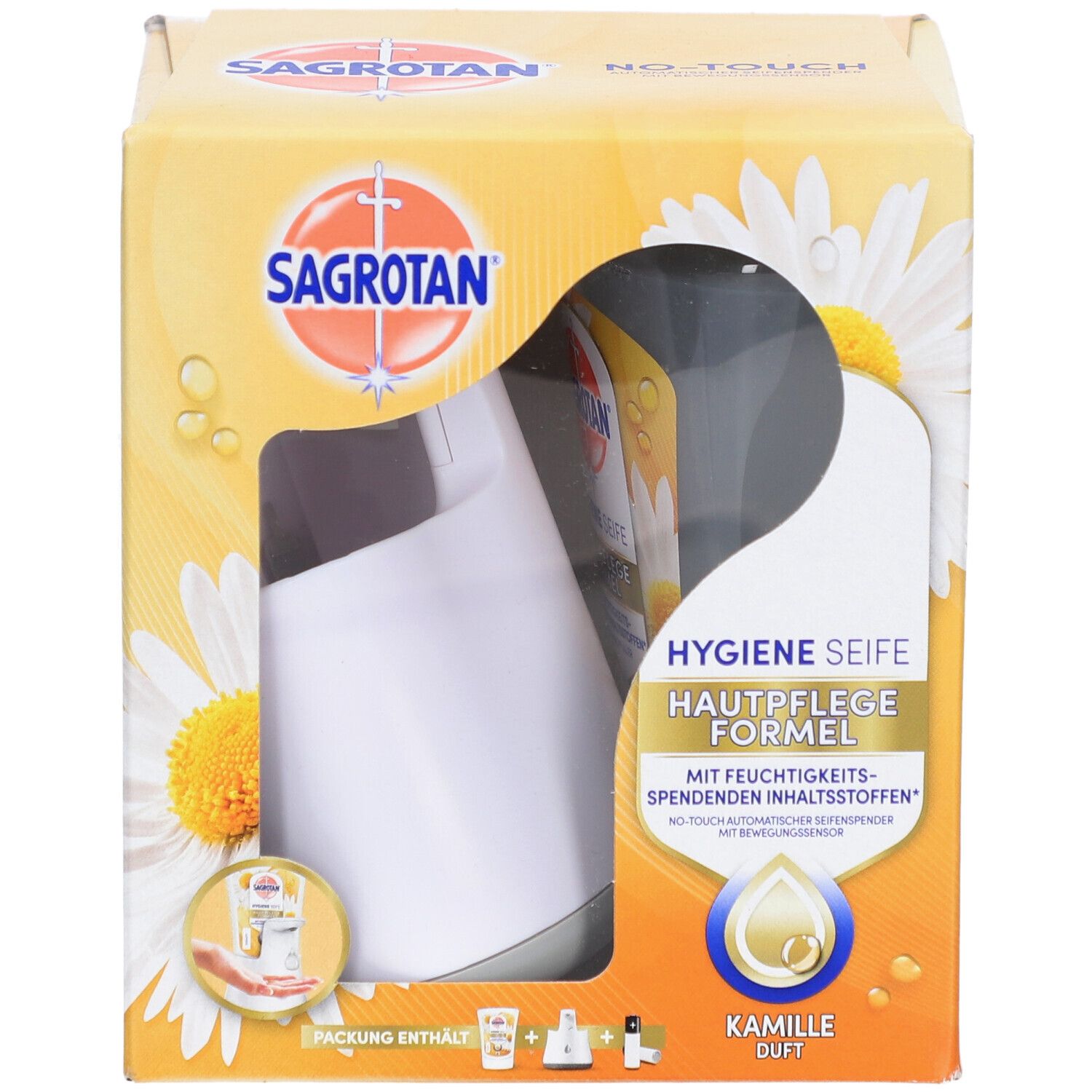 Verpackung des SAGROTAN® No-Touch Starter Sets. Zeigt den Seifenspender durch ein Fenster. Mit Logo, Produktname und Kamille-Motiv.