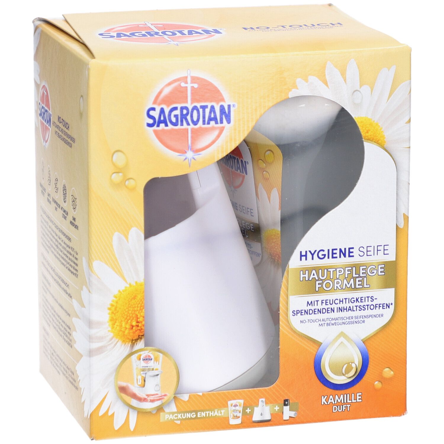 Verpackung des SAGROTAN® No-Touch Starter Sets. Zeigt den Seifenspender durch ein Fenster. Mit Logo, Produktname und Kamille-Motiv.