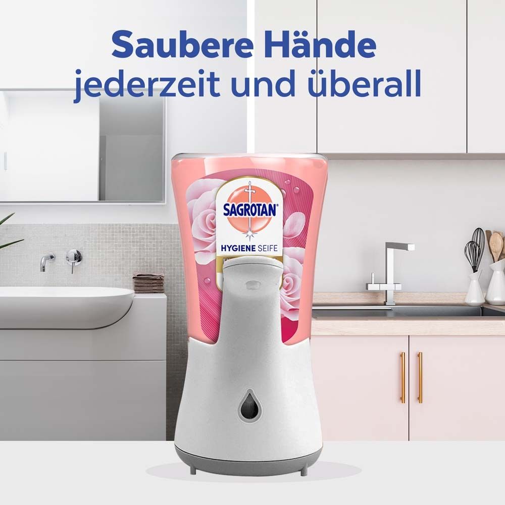 SAGROTAN® Hygiene Seife Nachfüller in Spender. Text: Saubere Hände jederzeit und überall.