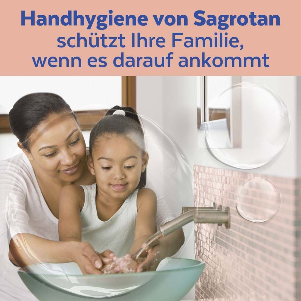 Mutter und Kind waschen Hände. Text: Handhygiene von Sagrotan schützt Ihre Familie, wenn es darauf ankommt.