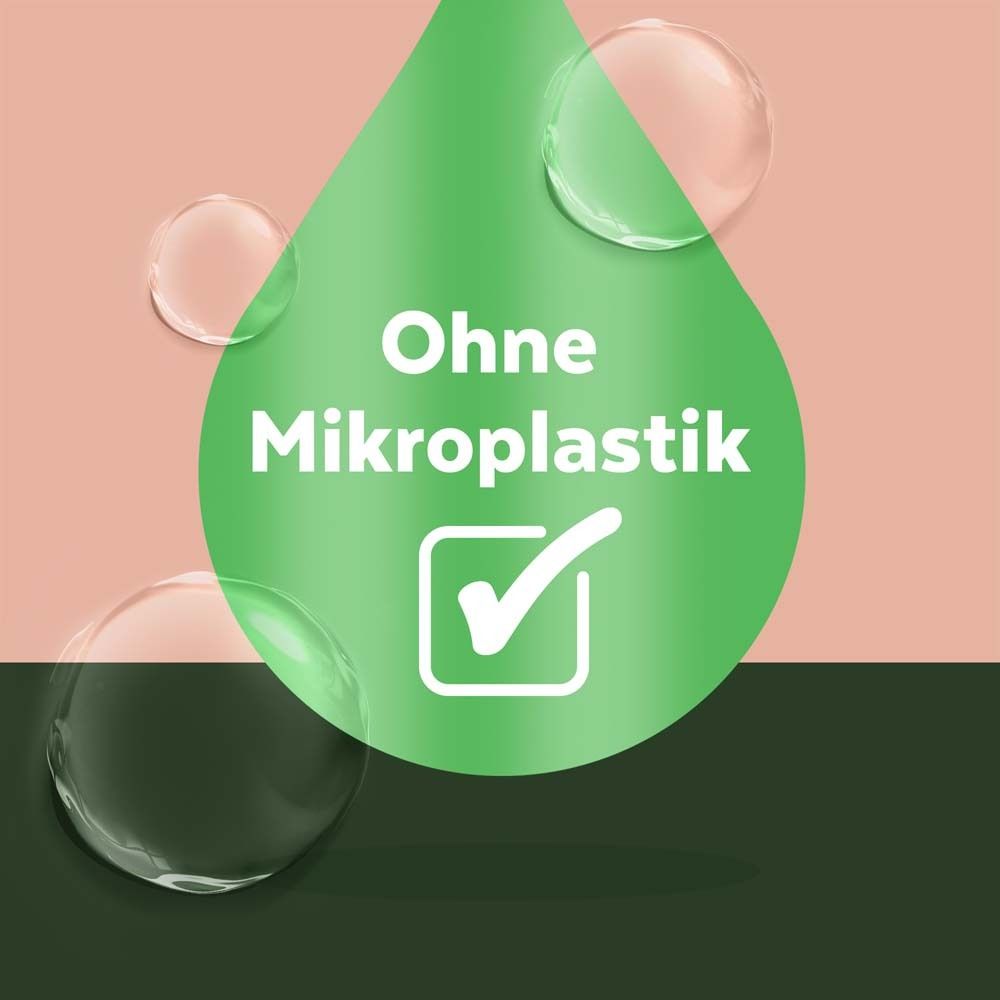 Grüner Tropfen mit Text: Ohne Mikroplastik. Häkchen.