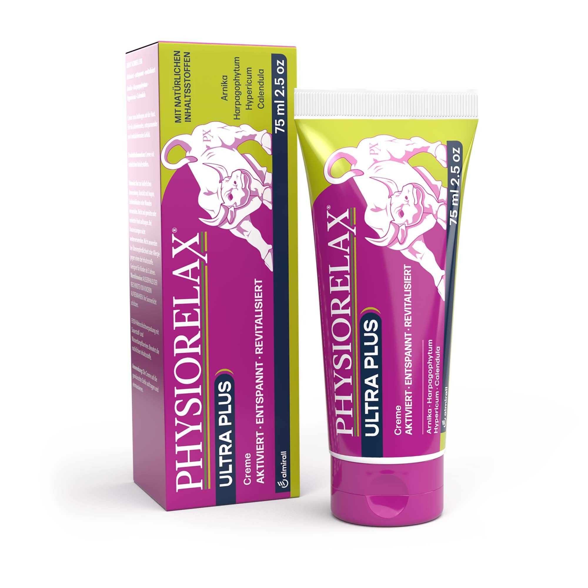 Produkt-Tube und Schachtel. Schachtel mit Produktnamen und Logo. Farben: Gelb, Pink, Weiß. 75 ml.