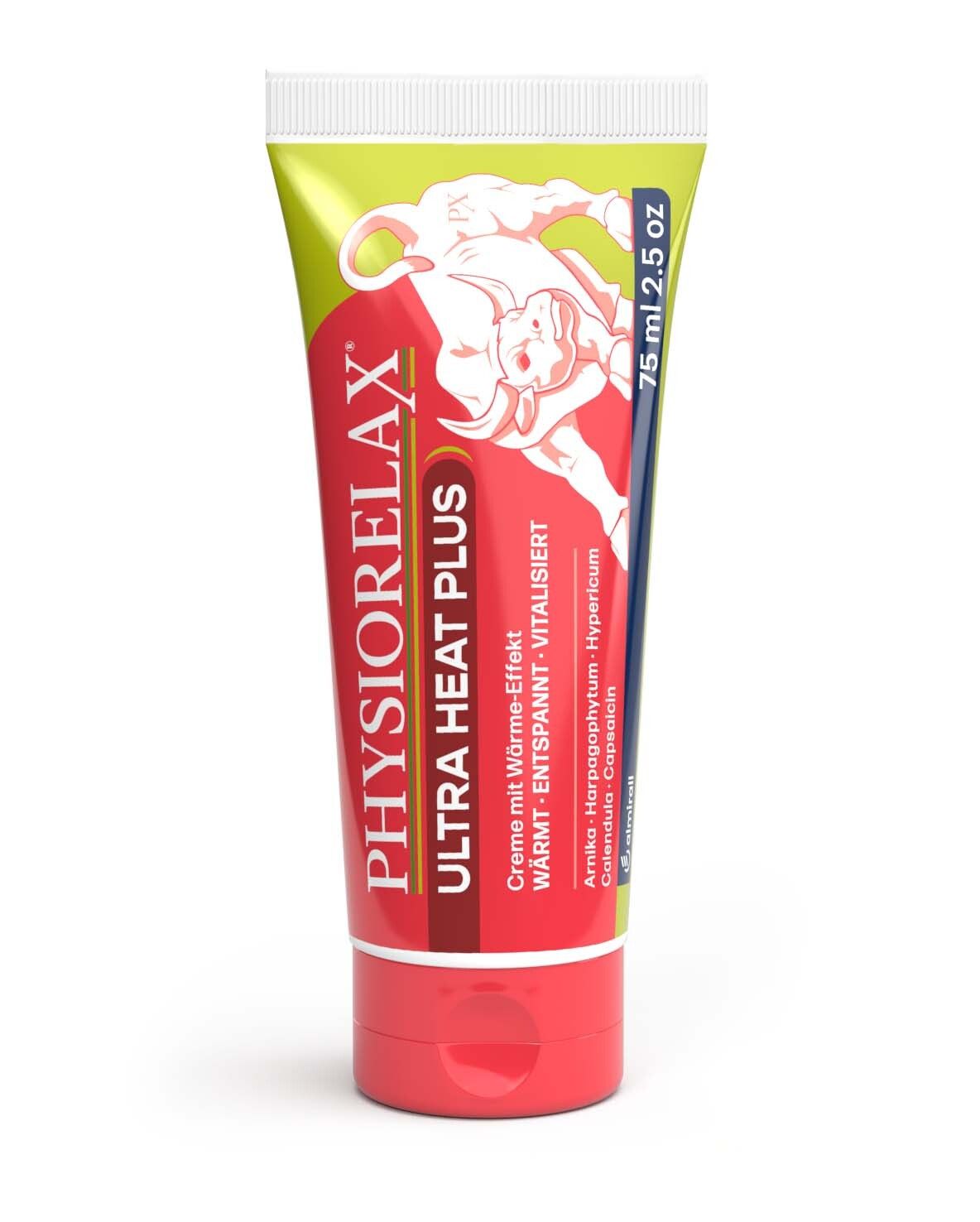 Creme-Tube und Schachtel. Aufschrift: PHYSIORELAX ULTRA HEAT PLUS. 75 ml. Inhaltsstoffe: Arnika, Hypericum, Calendula, Capsicum.