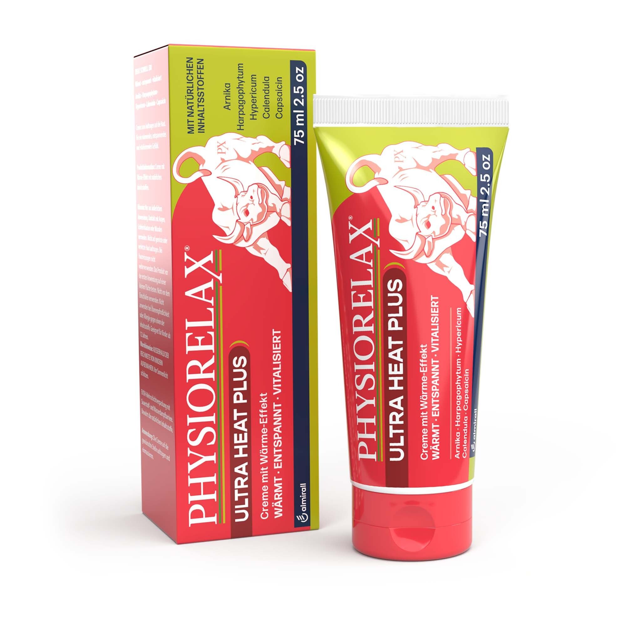 Creme-Tube. Aufschrift: PHYSIORELAX ULTRA HEAT PLUS. 75 ml. Inhaltsstoffe: Arnika, Hypericum, Calendula, Capsicum.