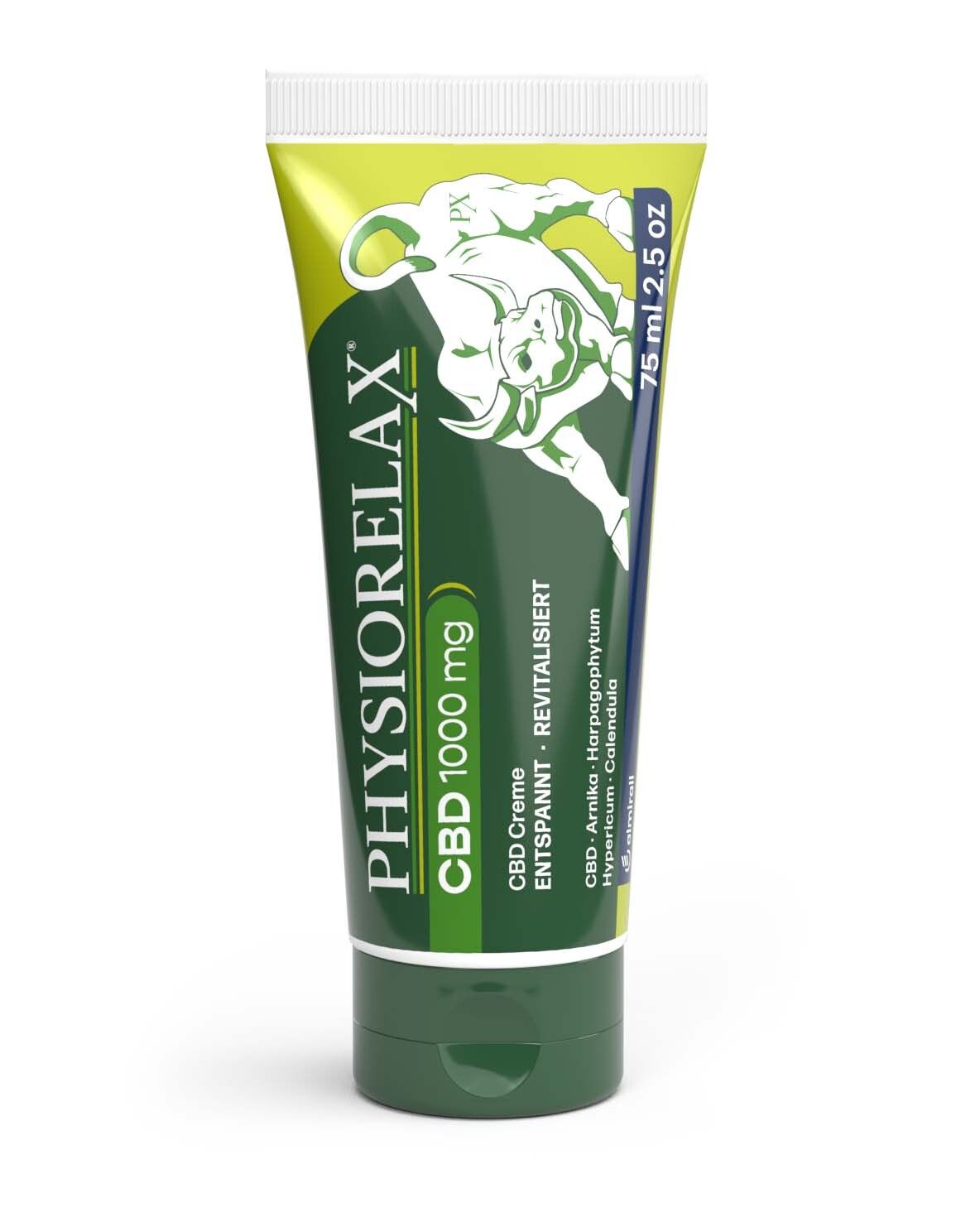 Creme-Tube und Schachtel. Tube grün-weiß, Aufschrift PHYSIORELAX, CBD 1000 mg. Schachtel grün, Aufschrift PHYSIORELAX, CBD 1000 mg.