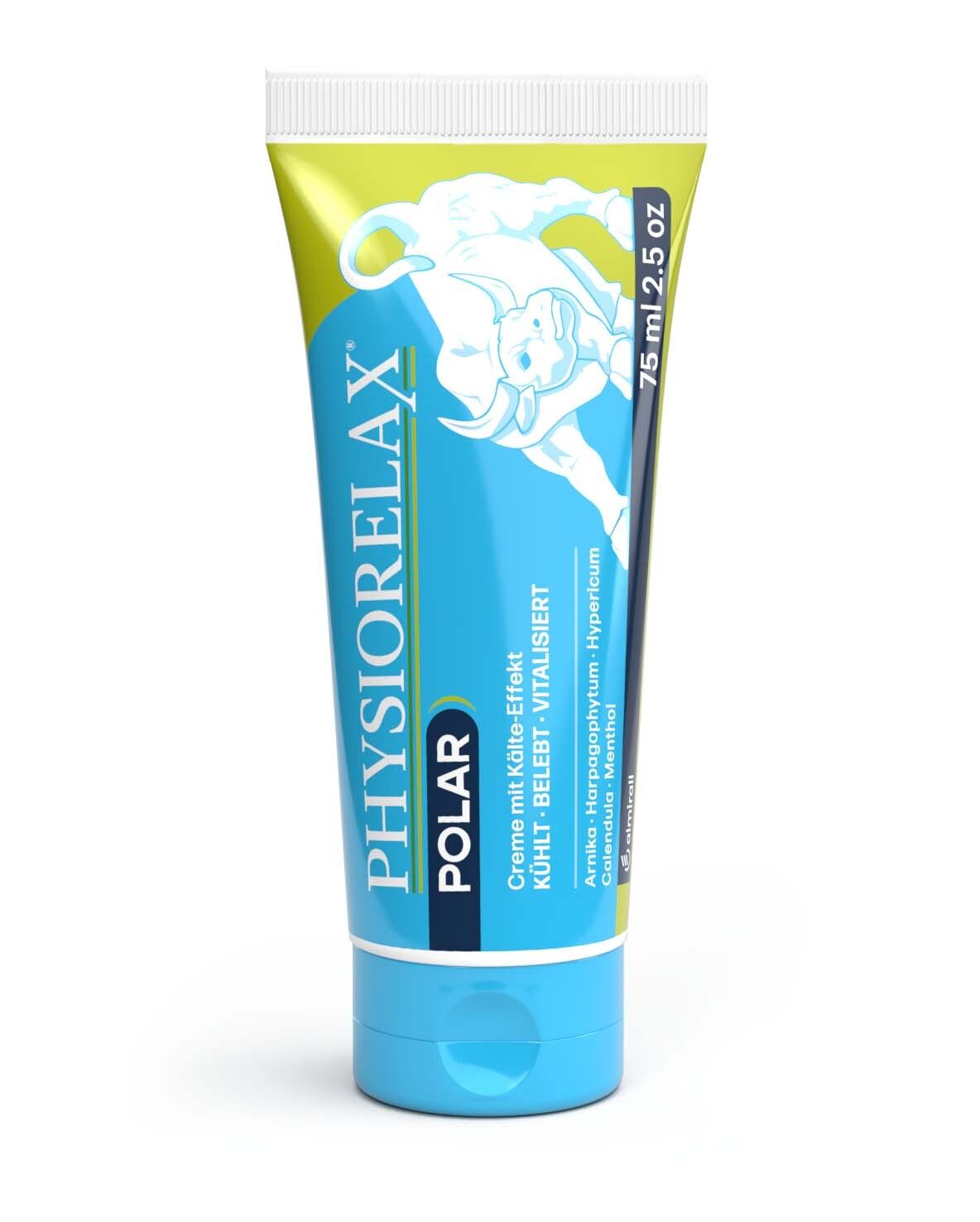 Blau-weiß Tube mit Produktnamen und Bullen-Illustration. Enthält 75 ml Creme. Text: KÜHLT, BELEBT, VITALISIERT.