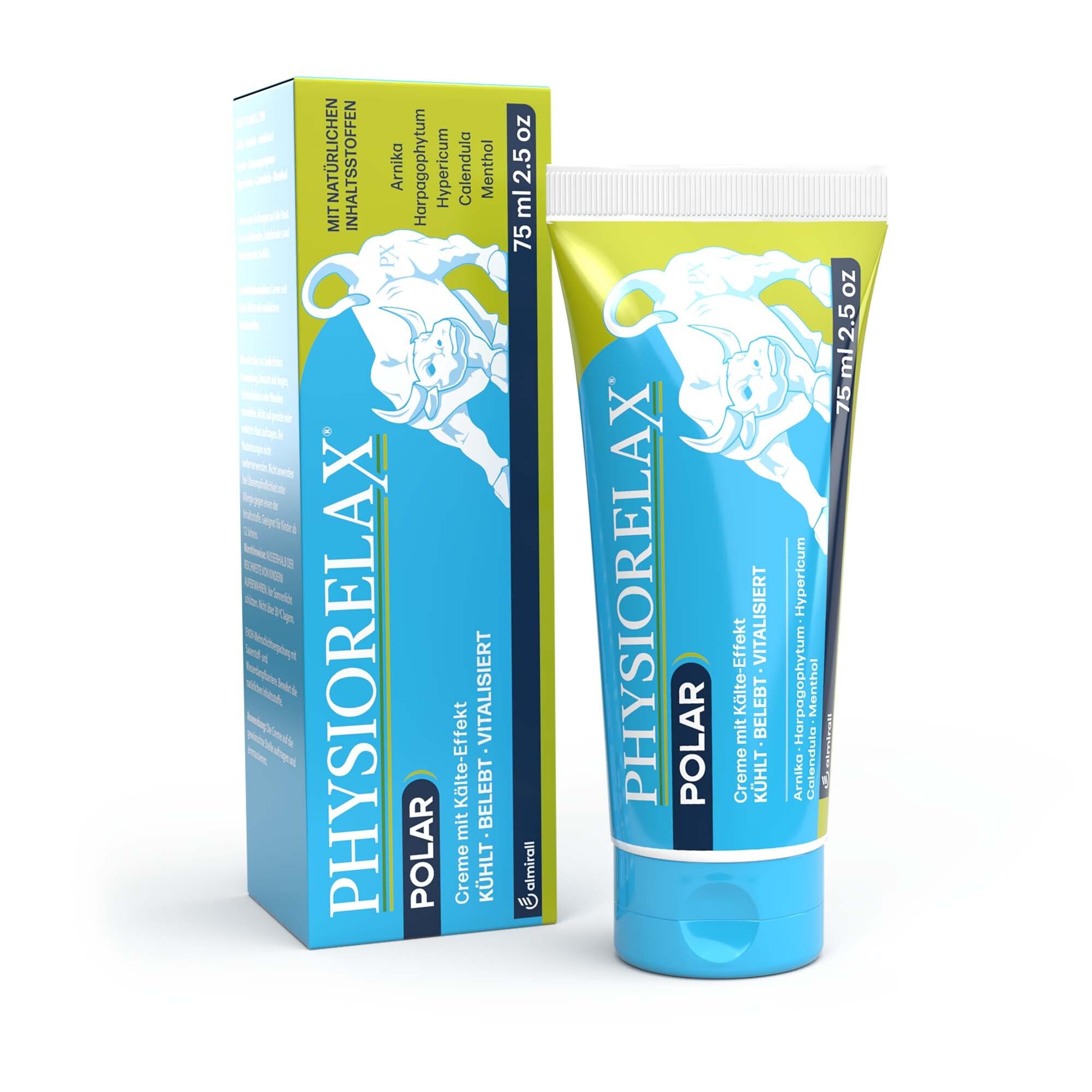 Produktverpackung mit Tube. Blaue Schachtel mit Produktnamen und Bullen-Illustration. Enthält 75 ml Creme. Text: KÜHLT, BELEBT, VITALISIERT.