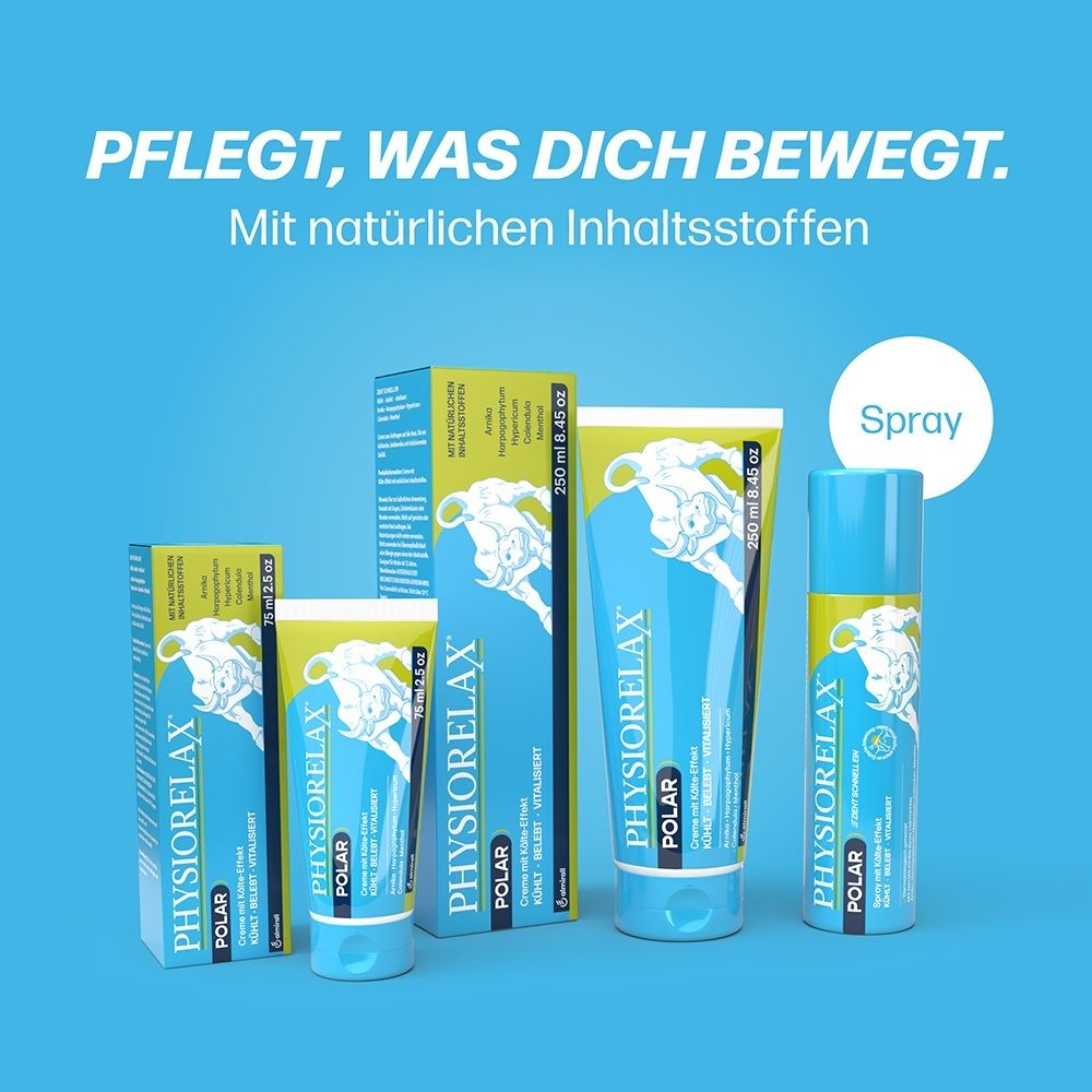 Faltschachtel Physiorelax Polar Creme mit stilisierter Kuh und Text.