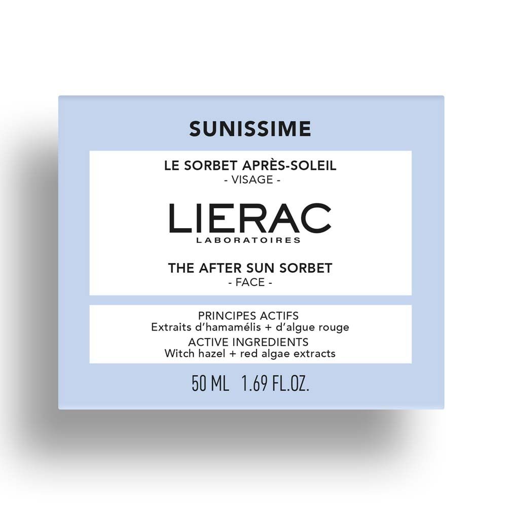 Hellblaue Verpackung mit Aufschrift: SUNISSIME, LIERAC, LE SORBET APRÈS-SOLEIL - VISAGE - FACE. Enthält 50 ML.