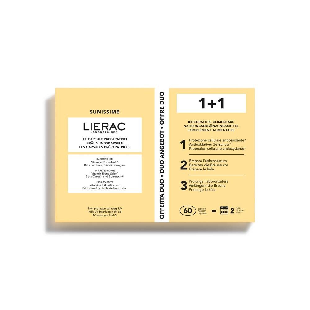 Verpackung von LIERAC Sunissime Duo Kapseln. Enthält 30 Kapseln. Produktinformationen und Inhaltsstoffe sind aufgedruckt.