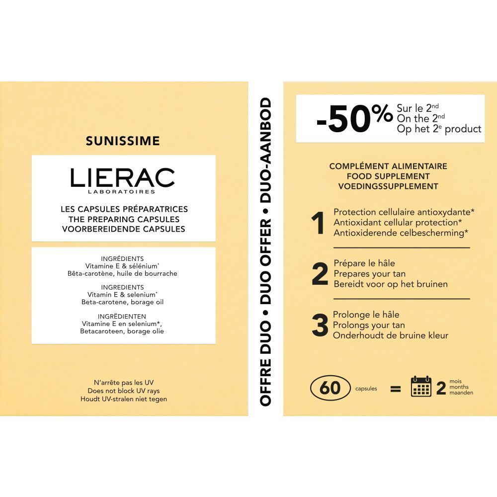 Verpackung von LIERAC Sunissime Duo Kapseln. Enthält 60 Kapseln. Duo-Angebot mit Rabatt. Produktinformationen sind aufgedruckt.