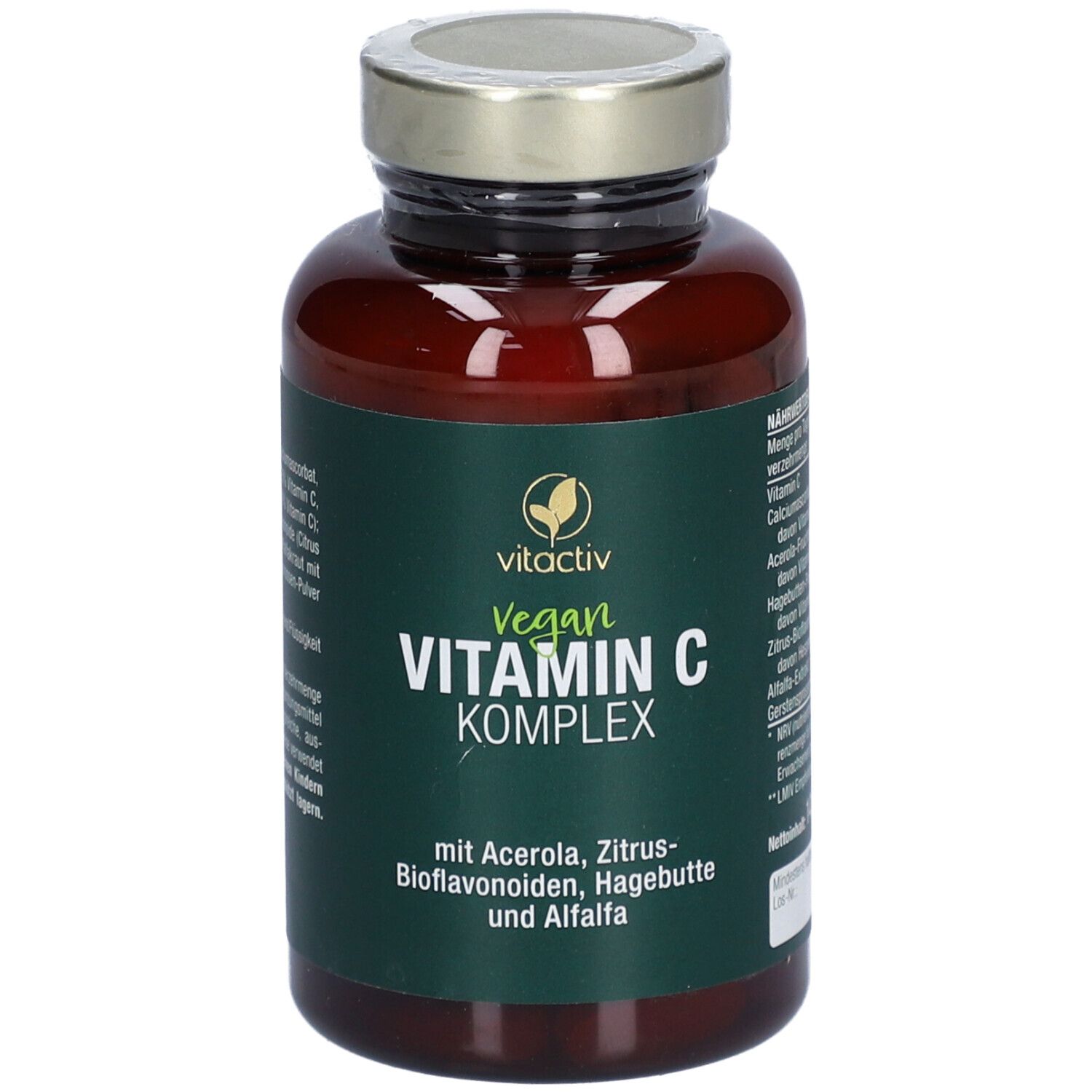 Braune Glasflasche mit grünem Etikett. Aufschrift: vitactiv Vegan Vitamin C Komplex. Mit Acerola, Zitrus-Bioflavonoiden, Hagebutte und Alfalfa.