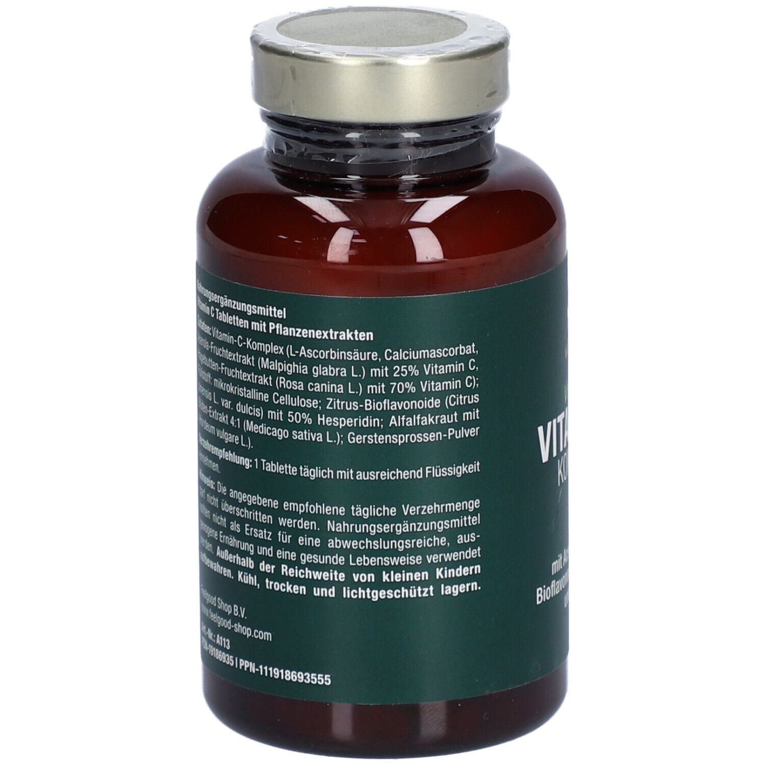 Rückseite der Flasche mit grünem Etikett. Text: Nährwertangaben, Zutaten, Anwendungshinweise. Herstellerinformationen. Chargennummer.