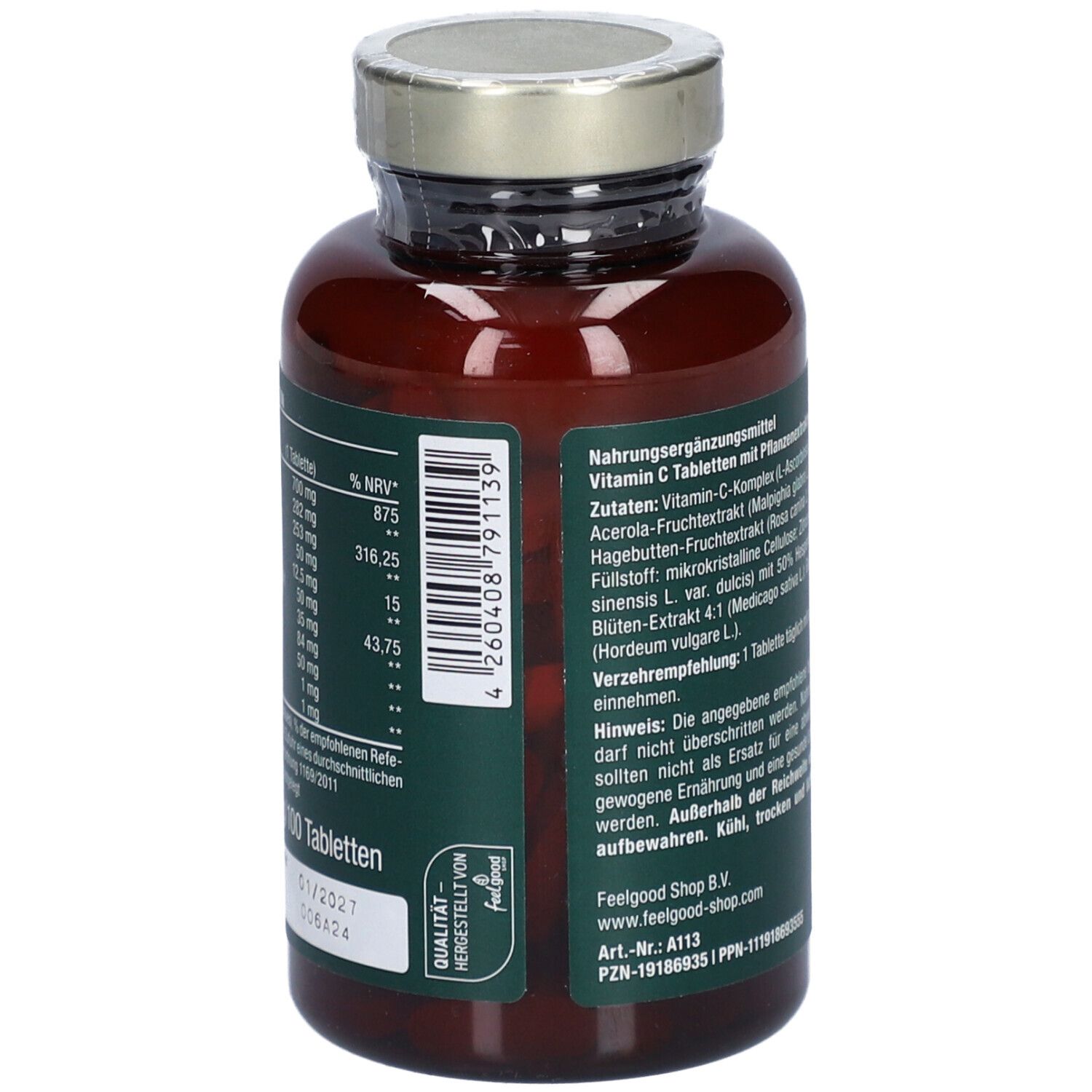 Rückseite der Flasche mit grünem Etikett. Text: Nährwertangaben, Zutaten, Anwendungshinweise. Herstellerinformationen. Chargennummer.