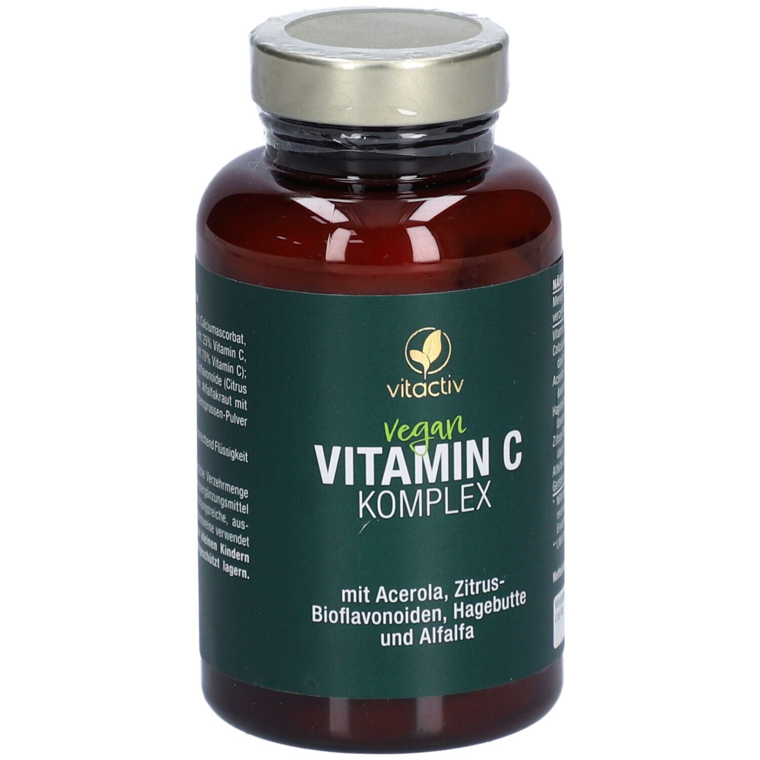 Braune Glasflasche mit grünem Etikett. Aufschrift: vitactiv Vegan Vitamin C Komplex. Mit Acerola, Zitrus-Bioflavonoiden, Hagebutte und Alfalfa.