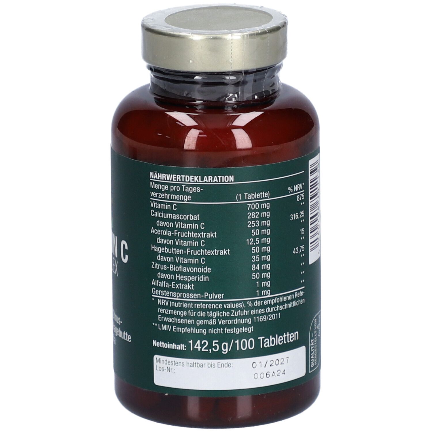 Rückseite der Flasche mit grünem Etikett. Text: Nährwertangaben, Zutaten, Anwendungshinweise. Herstellerinformationen. Chargennummer.