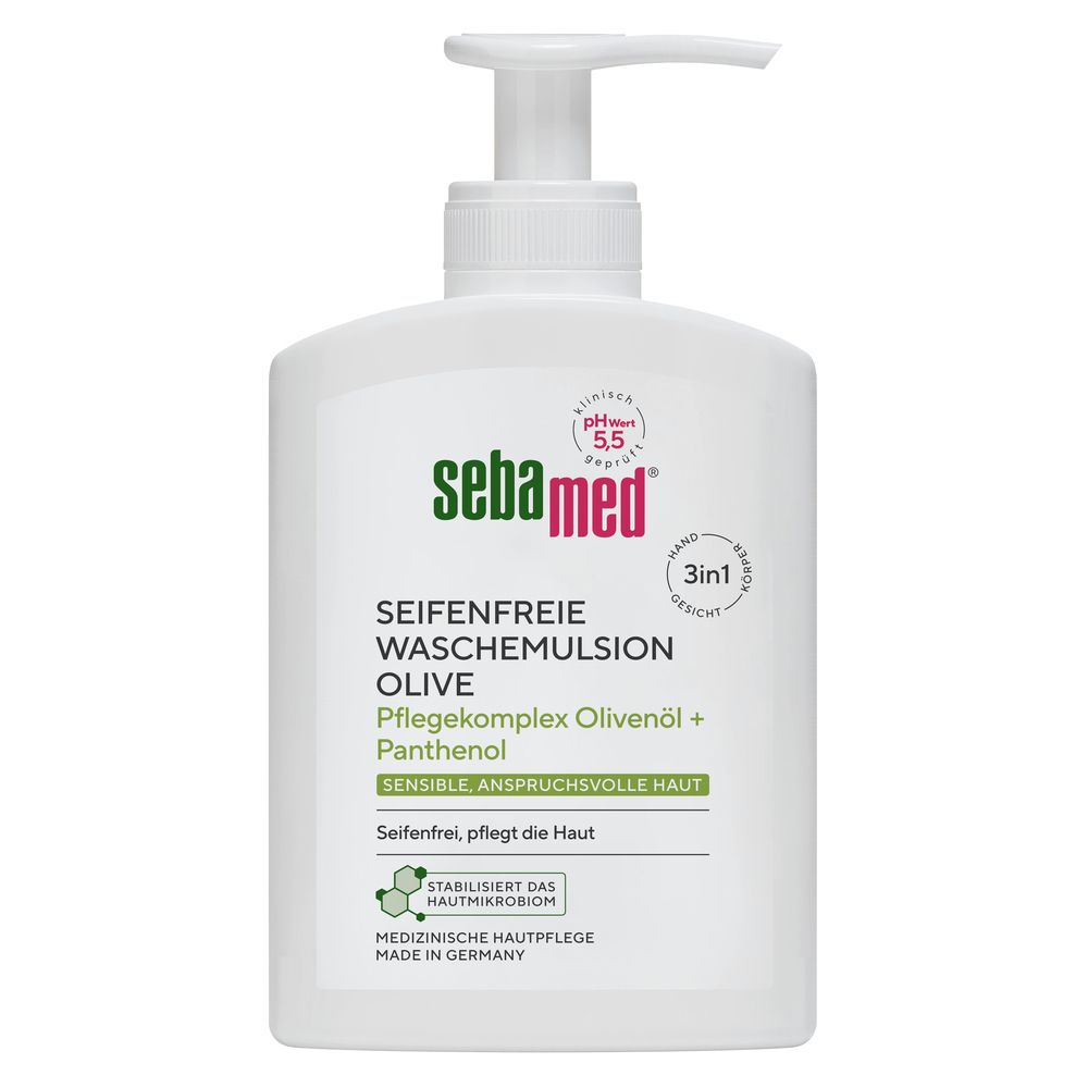 Weiße Flasche mit Pumpe. Aufschrift: sebamed, Wasch-Emulsion, Olive, Pflegekomplex Olivenöl + Panthenol. pH 5,5.