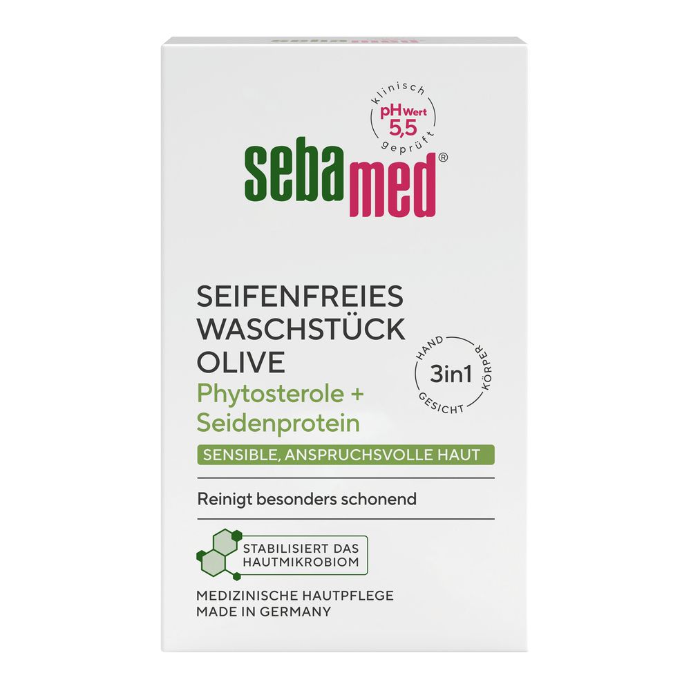 Weißer Karton mit Produktinformationen. Aufschrift: sebamed, Oliven Waschstück, pH 5,5. Für sensible Haut.