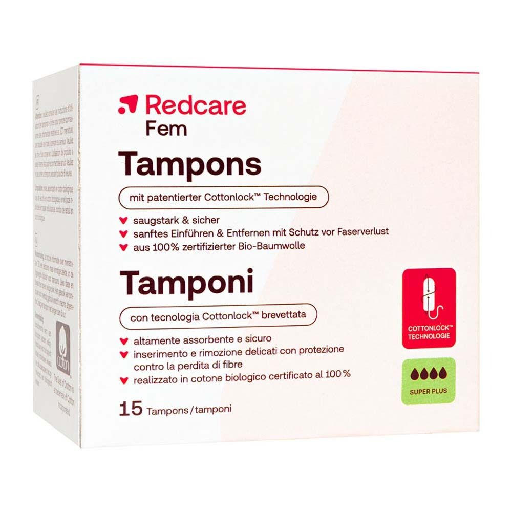 Verpackung mit Redcare Fem Tampons. 15 Stück, Super Plus. Mit Cottonlock Technologie.