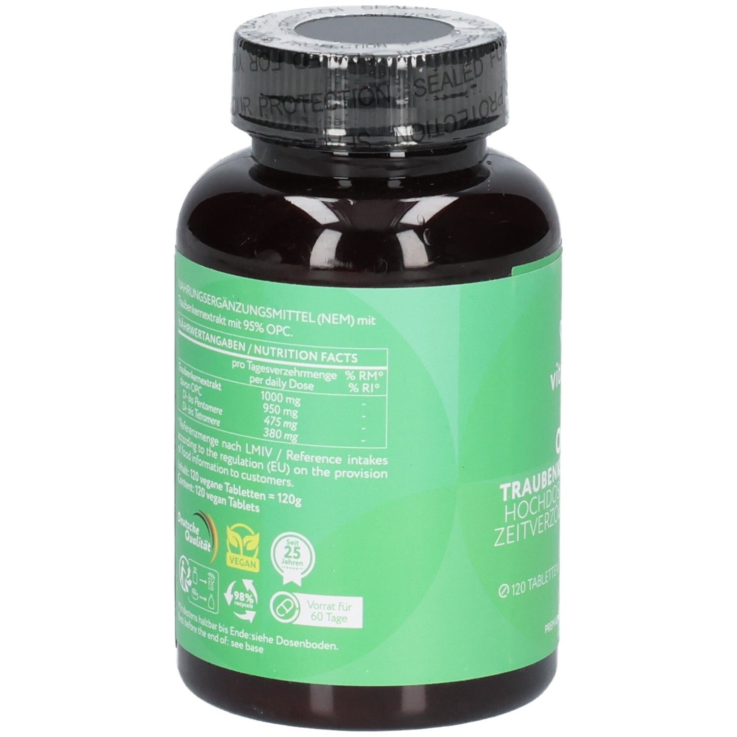 Rückseite einer Vitabay OPC Traubenkernextrakt Flasche mit Nährwertangaben und Siegeln.