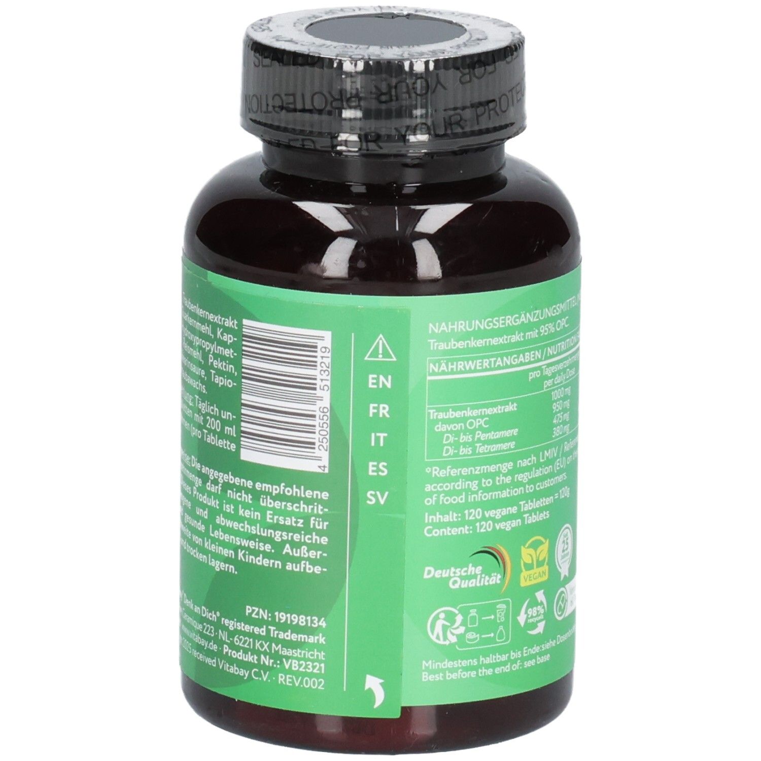 Seitenansicht einer Vitabay OPC Traubenkernextrakt Flasche mit Siegeln und Produktinformationen.