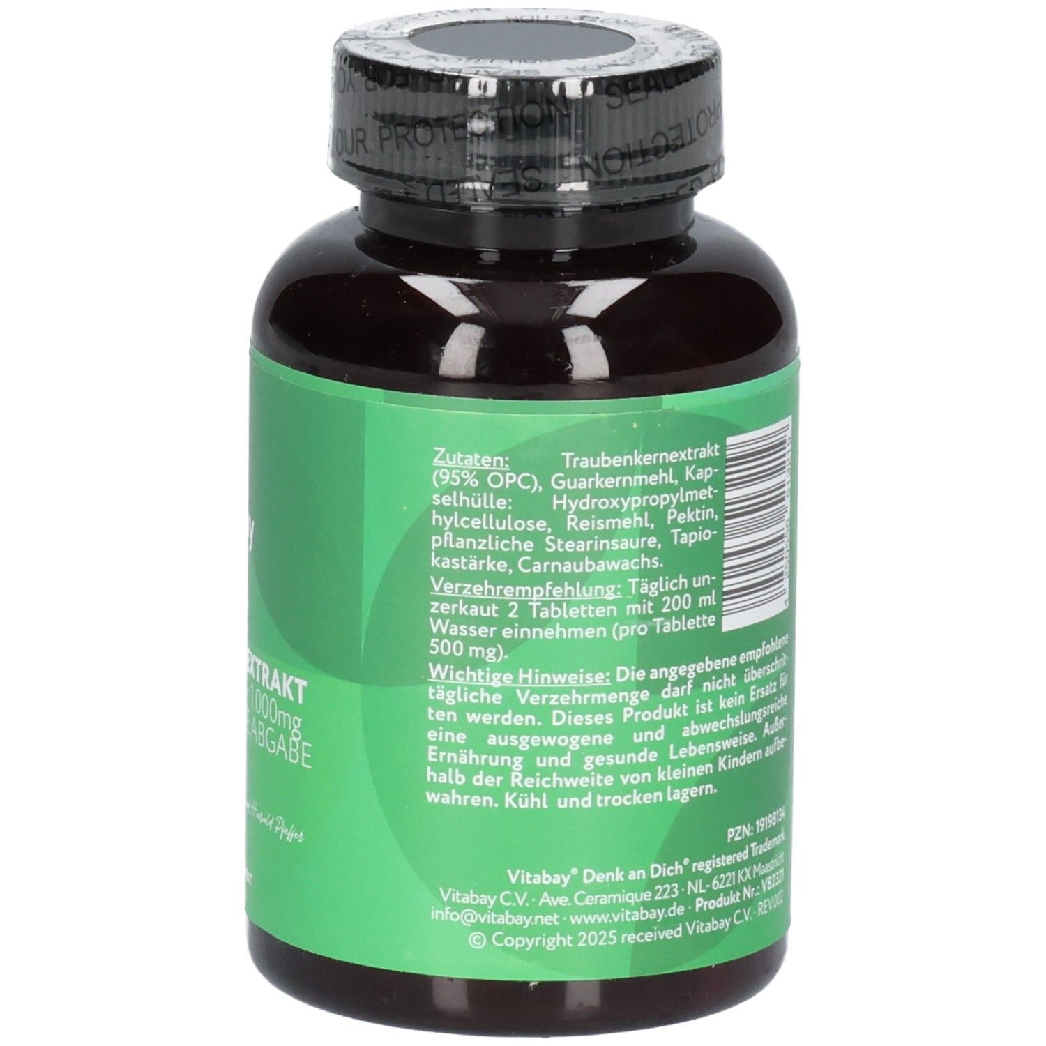 Rückseite einer Vitabay OPC Traubenkernextrakt Flasche mit Zutatenliste und Hinweisen.