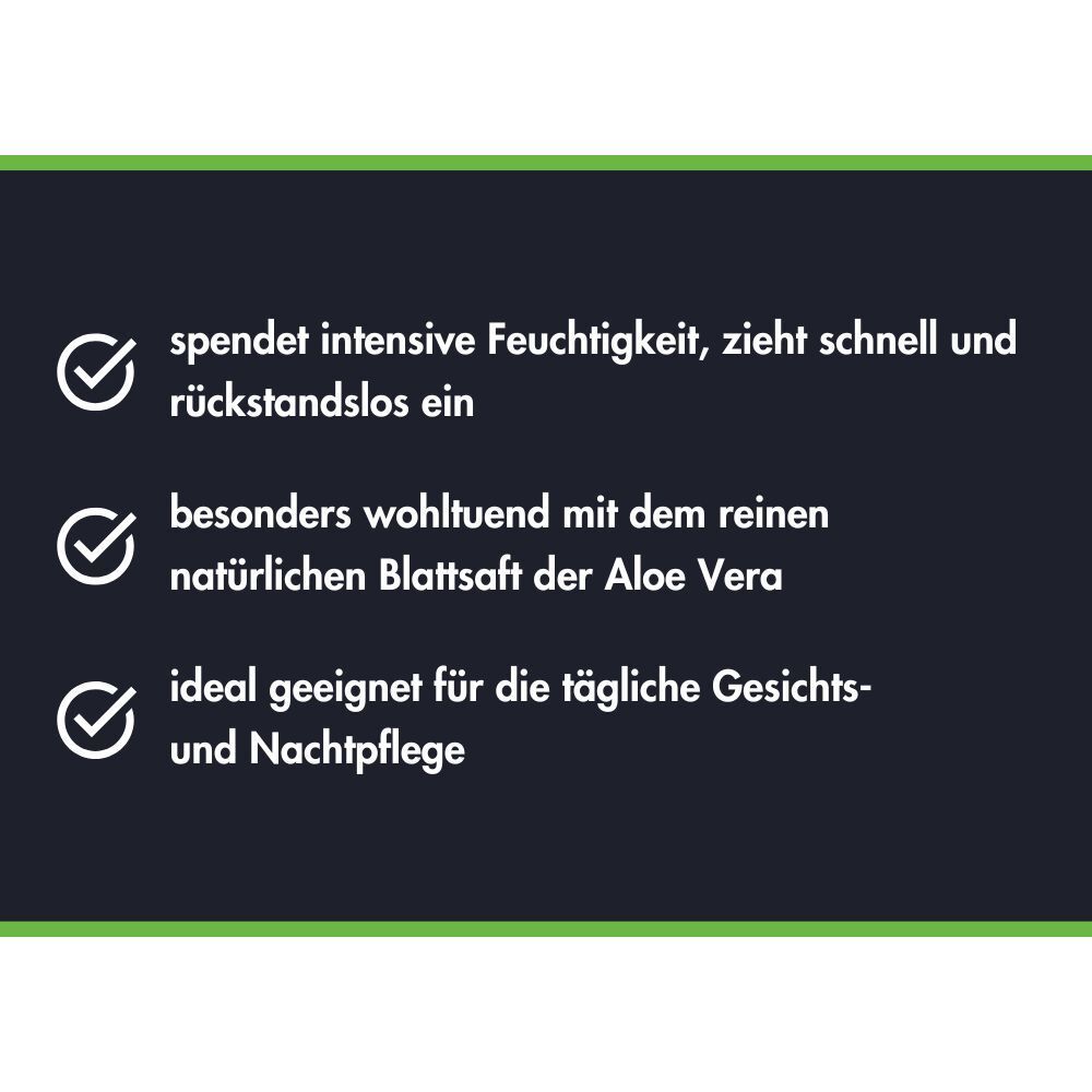Text über intensive Feuchtigkeit, schnelle Einziehung und die wohltuende Wirkung von Aloe Vera.