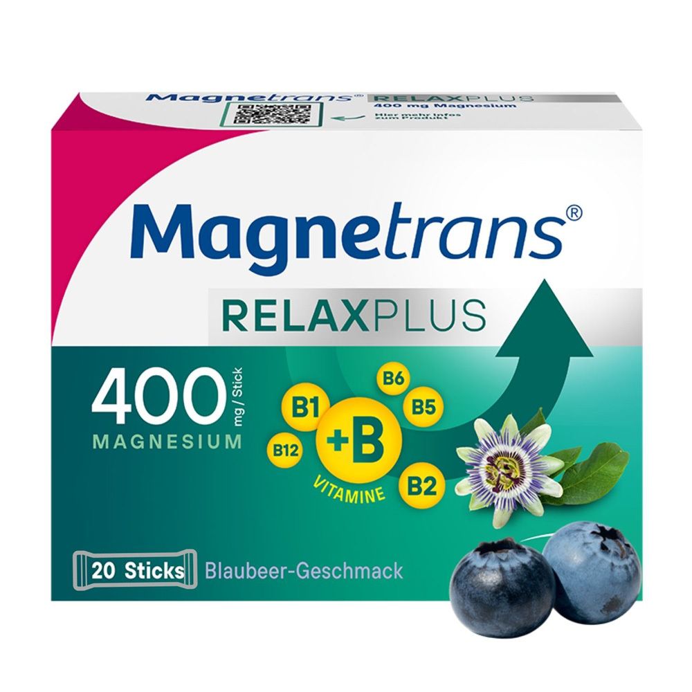 Verpackung von Magnetrans RelaxPlus. Enthält 400 mg Magnesium, B-Vitamine und Blaubeer-Geschmack. 20 Sticks.